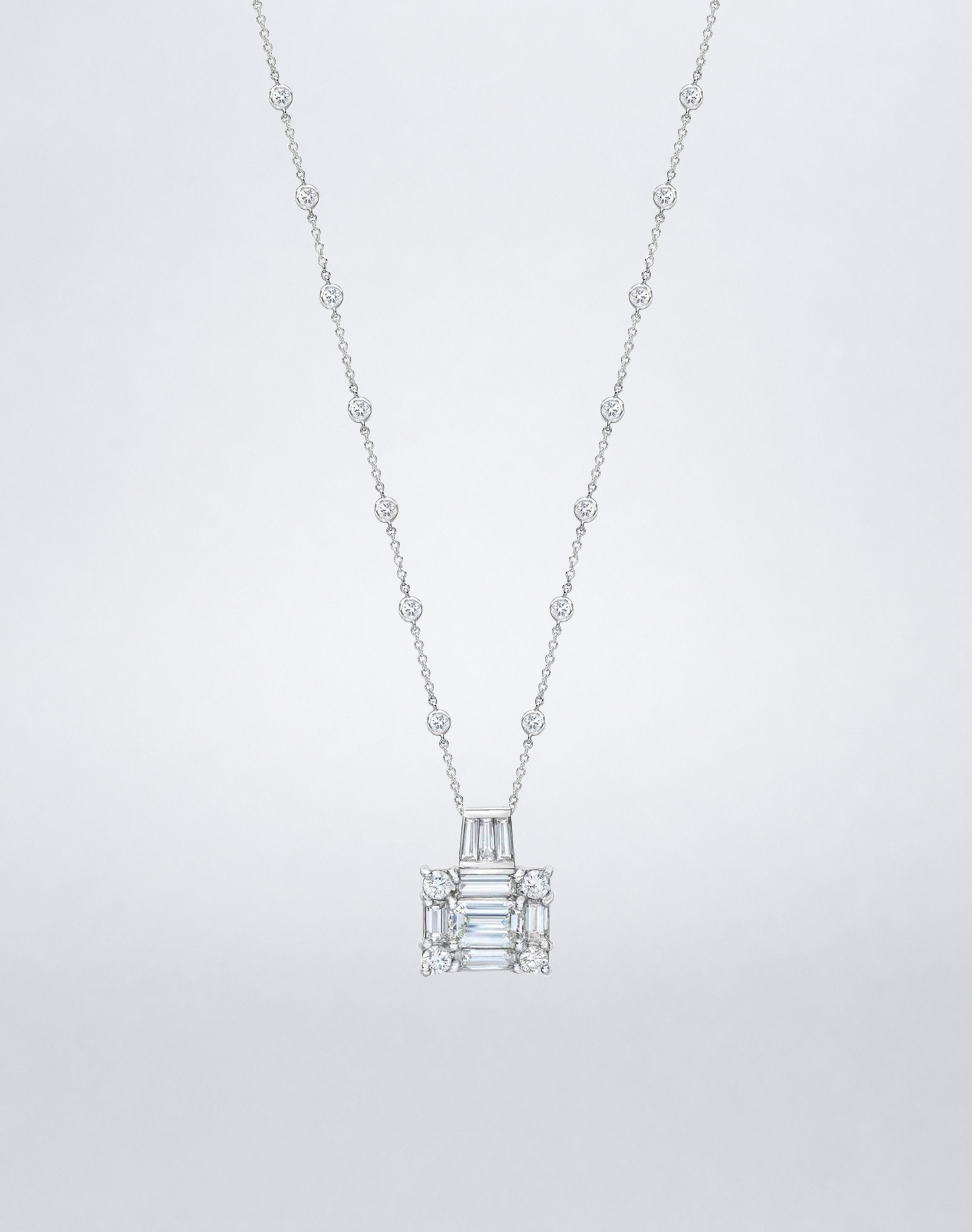 A Mindi Mond New York statement necklace with the Clarity³ diamond cube, baguette and round brilliants, on a diamond-set 18k white gold chain, front view