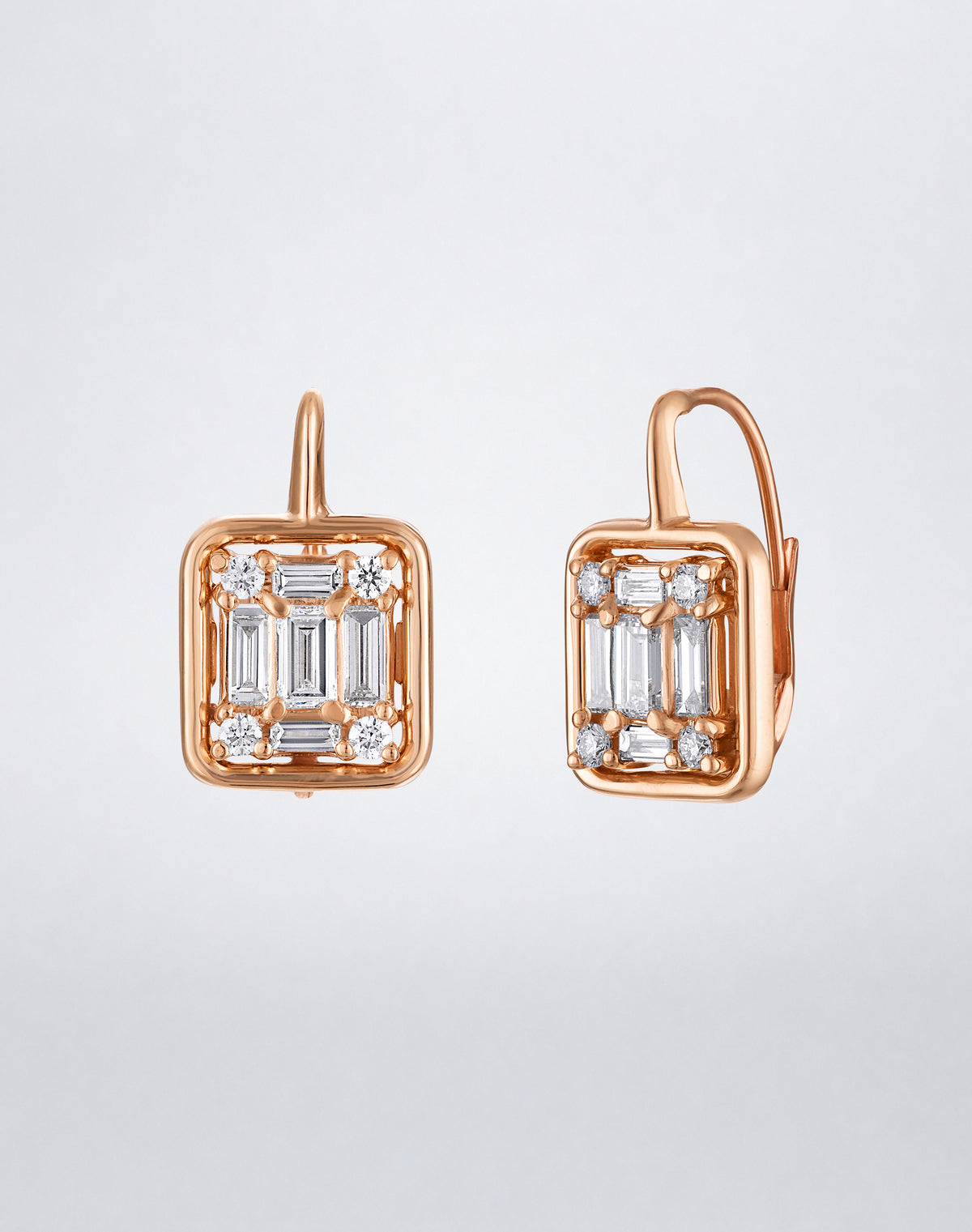 Mindi Mond New York Clarity³ Mega Gold Framed Drop Earrings in 18K rose gold, side view showing the polished gold frame and lever-back closure