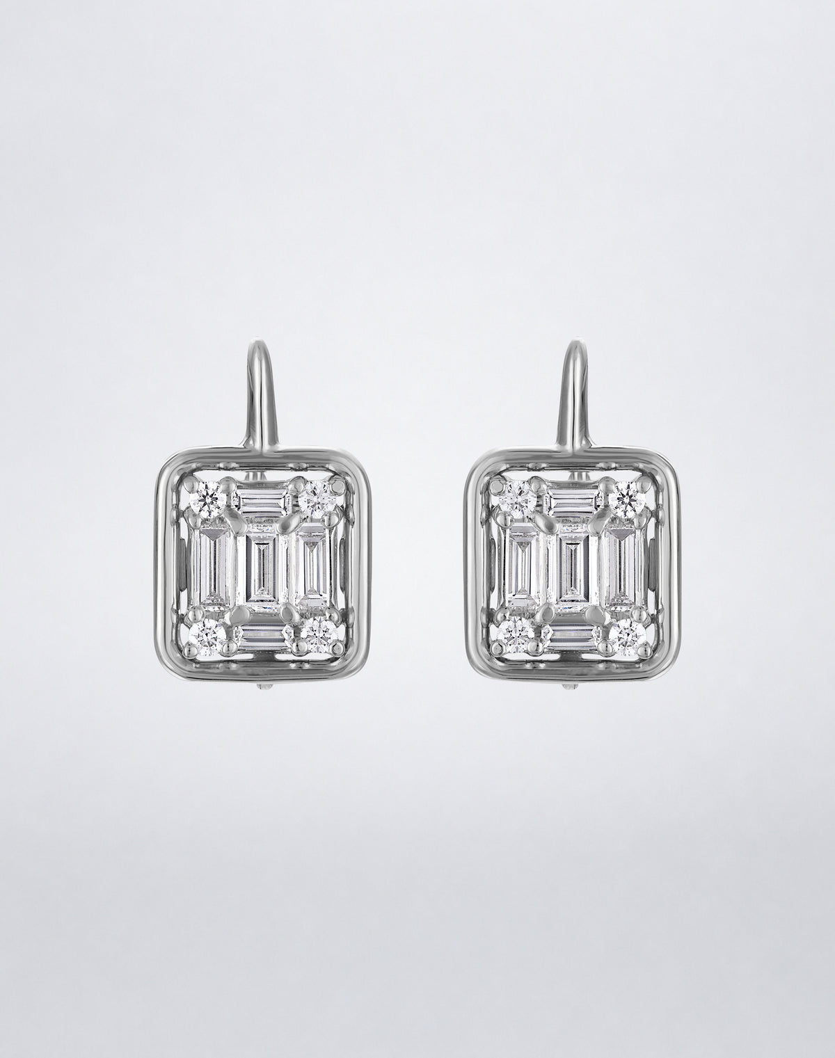 Mindi Mond New York Clarity³ Mega Gold Framed Drop Earrings in 18K white gold, an enlarged nine-stone diamond formation floating in a polished gold frame