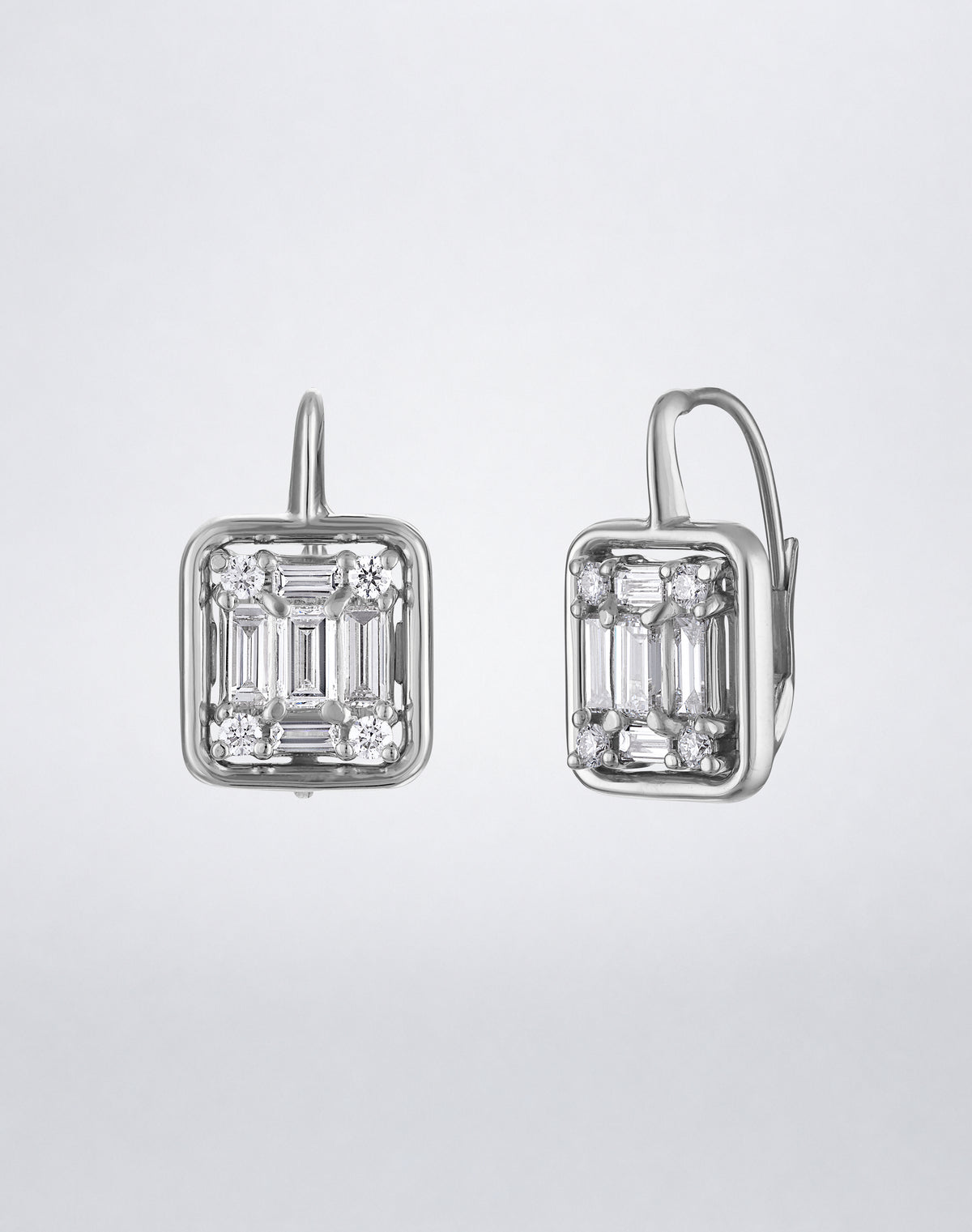 Mindi Mond New York Clarity³ Mega Gold Framed Drop Earrings in 18K white gold, side view showing the polished gold frame and lever-back closure