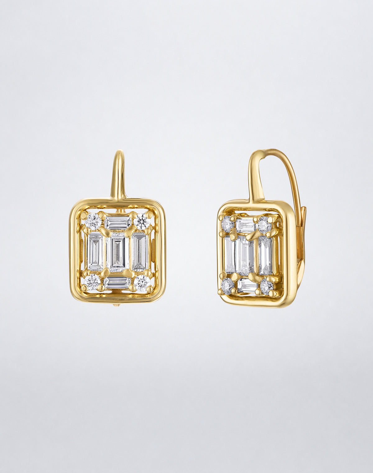 Mindi Mond New York Clarity³ Mega Gold Framed Drop Earrings in 18K yellow gold, side view showing the polished gold frame and lever-back closure