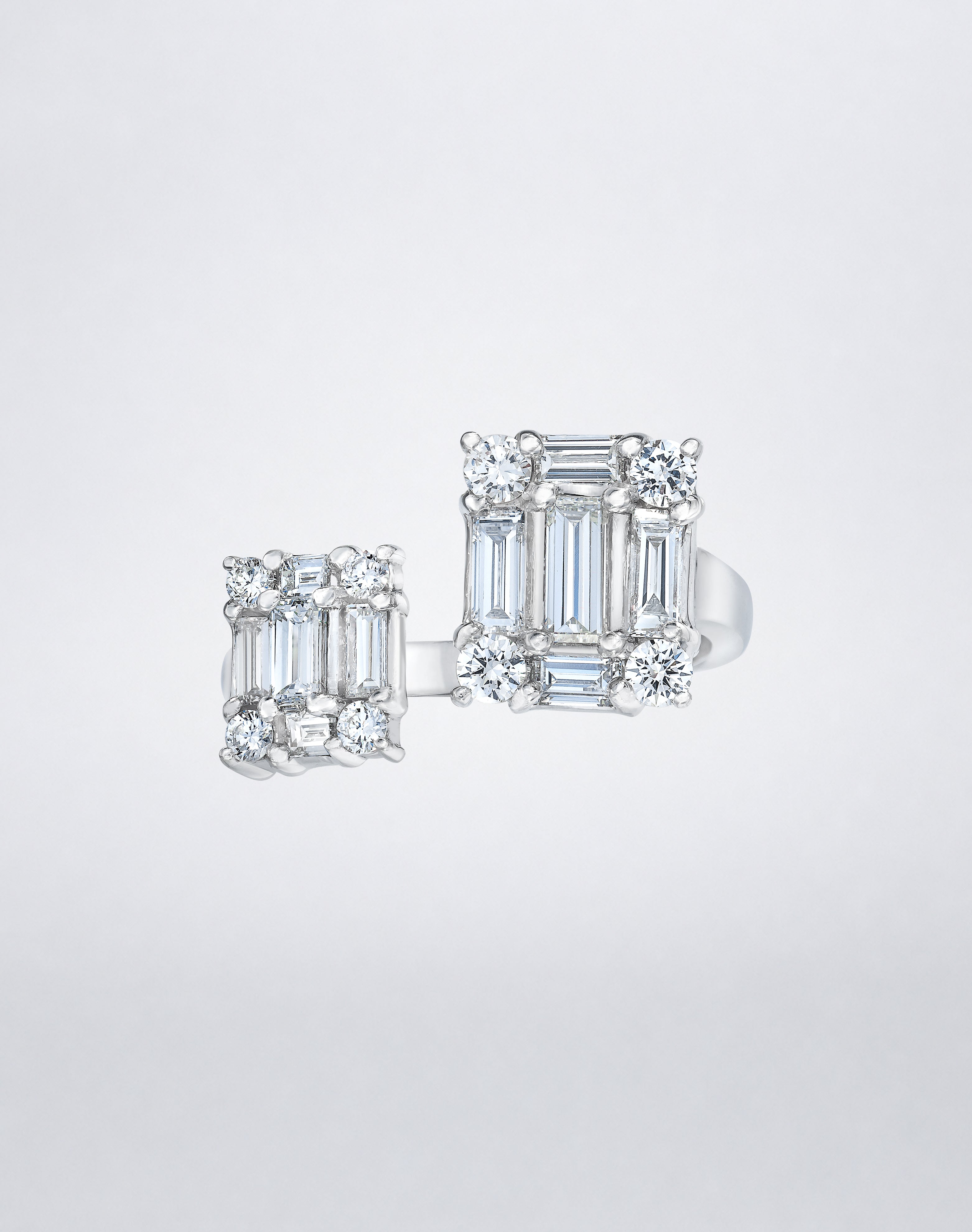 CLARITY³ Open Dual Cube Ring in 18K white gold, featuring two asymmetric baguette and round diamond clusters on an open band, by Mindi Mond New York