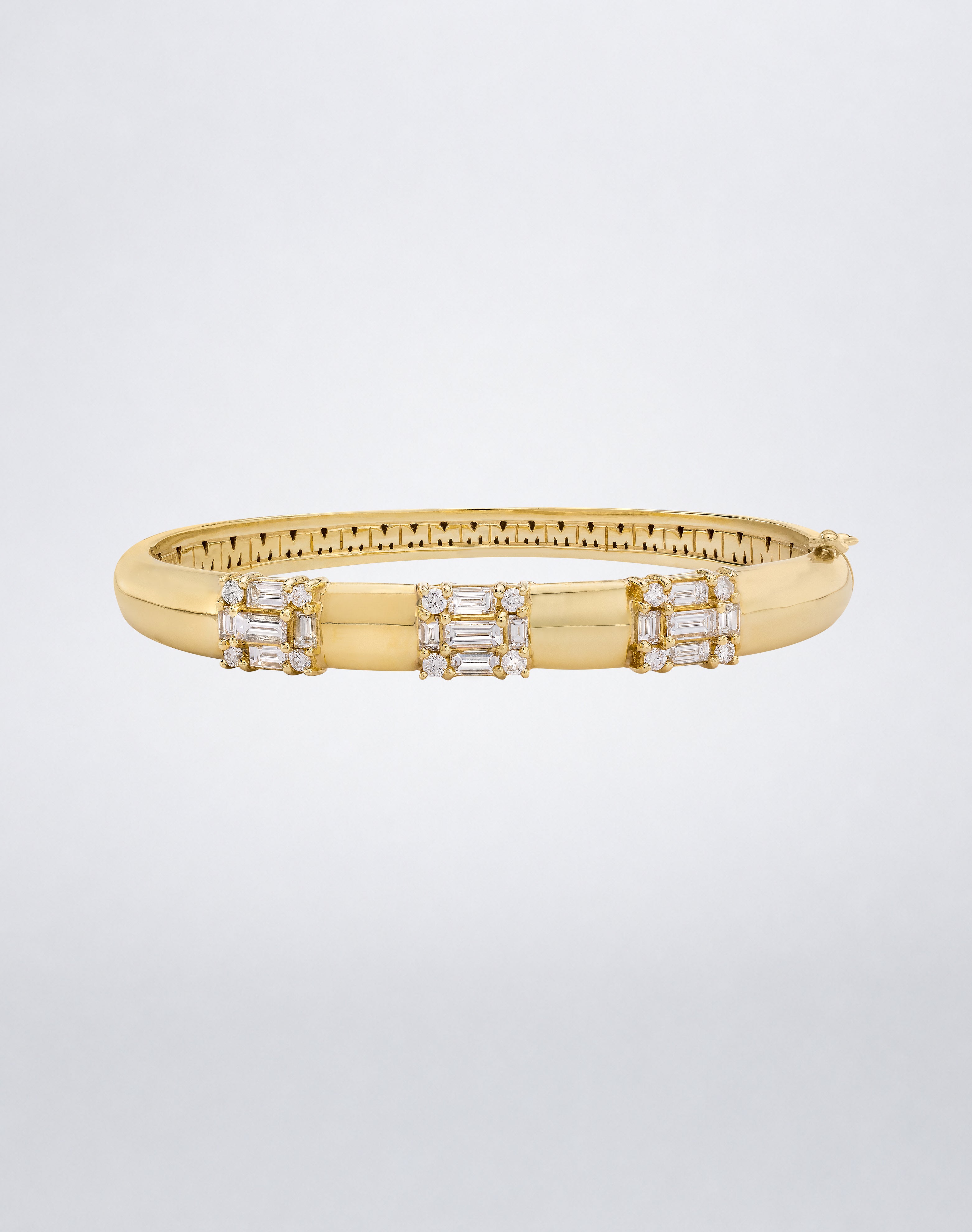 Mindi Mond New York Clarity³ 3 Section Hinged Bangle in 18k yellow gold with three nine-stone baguette and round brilliant diamond formations, front view