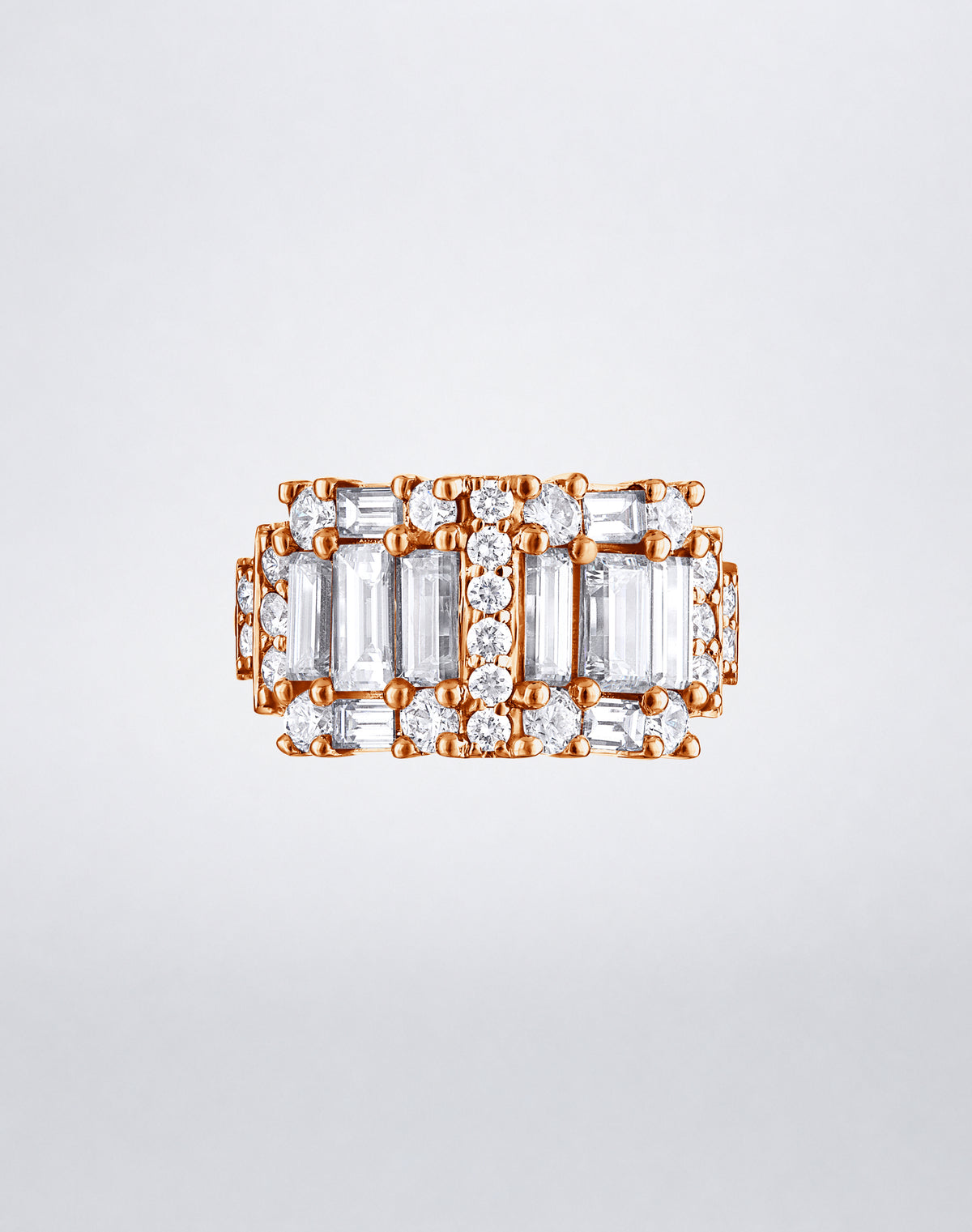 CLARITY³ Step Diamond Band in 18K rose gold, featuring alternating columns of baguette and round diamonds, by Mindi Mond New York