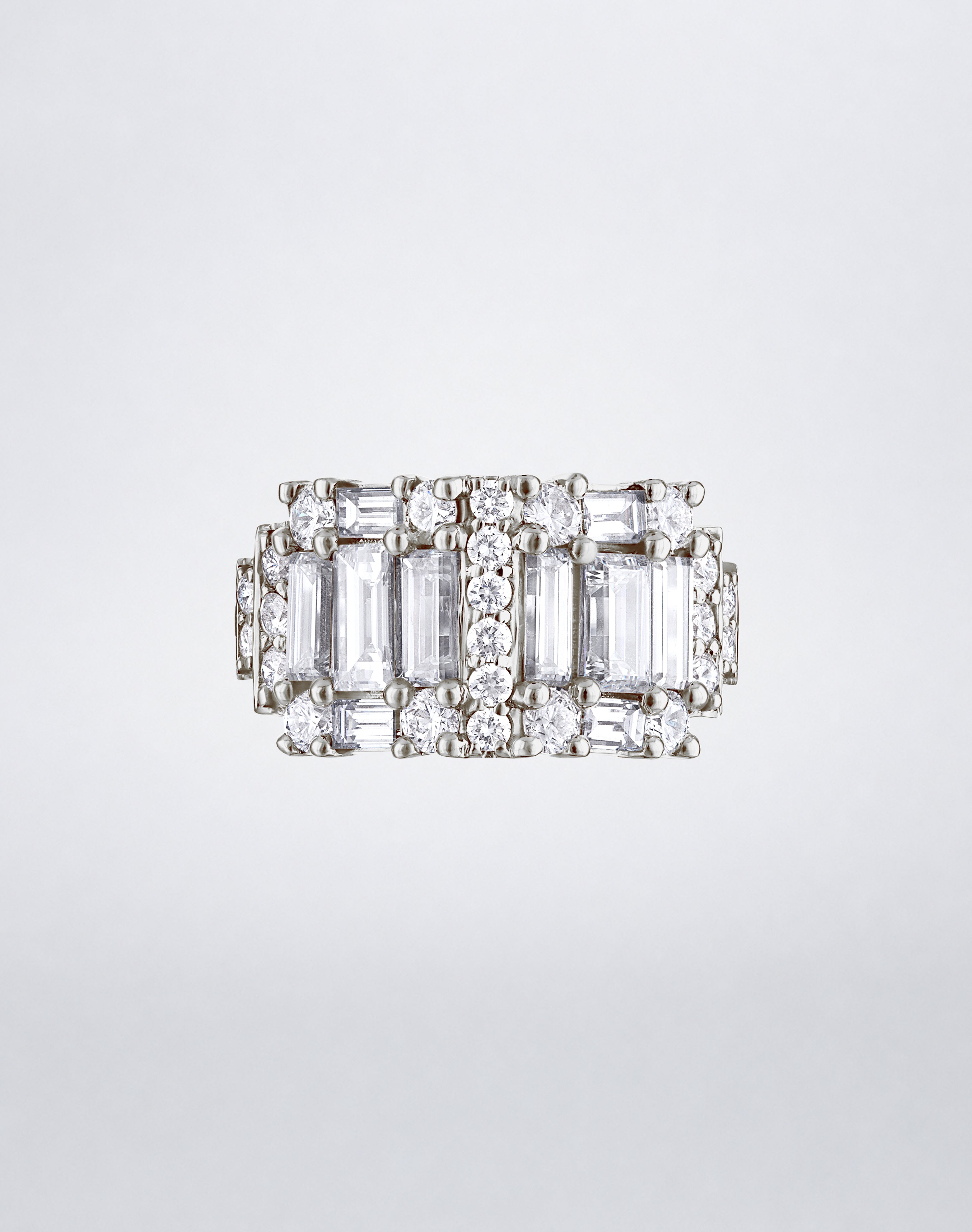 CLARITY³ Step Diamond Band in 18K white gold, featuring alternating columns of baguette and round diamonds, by Mindi Mond New York