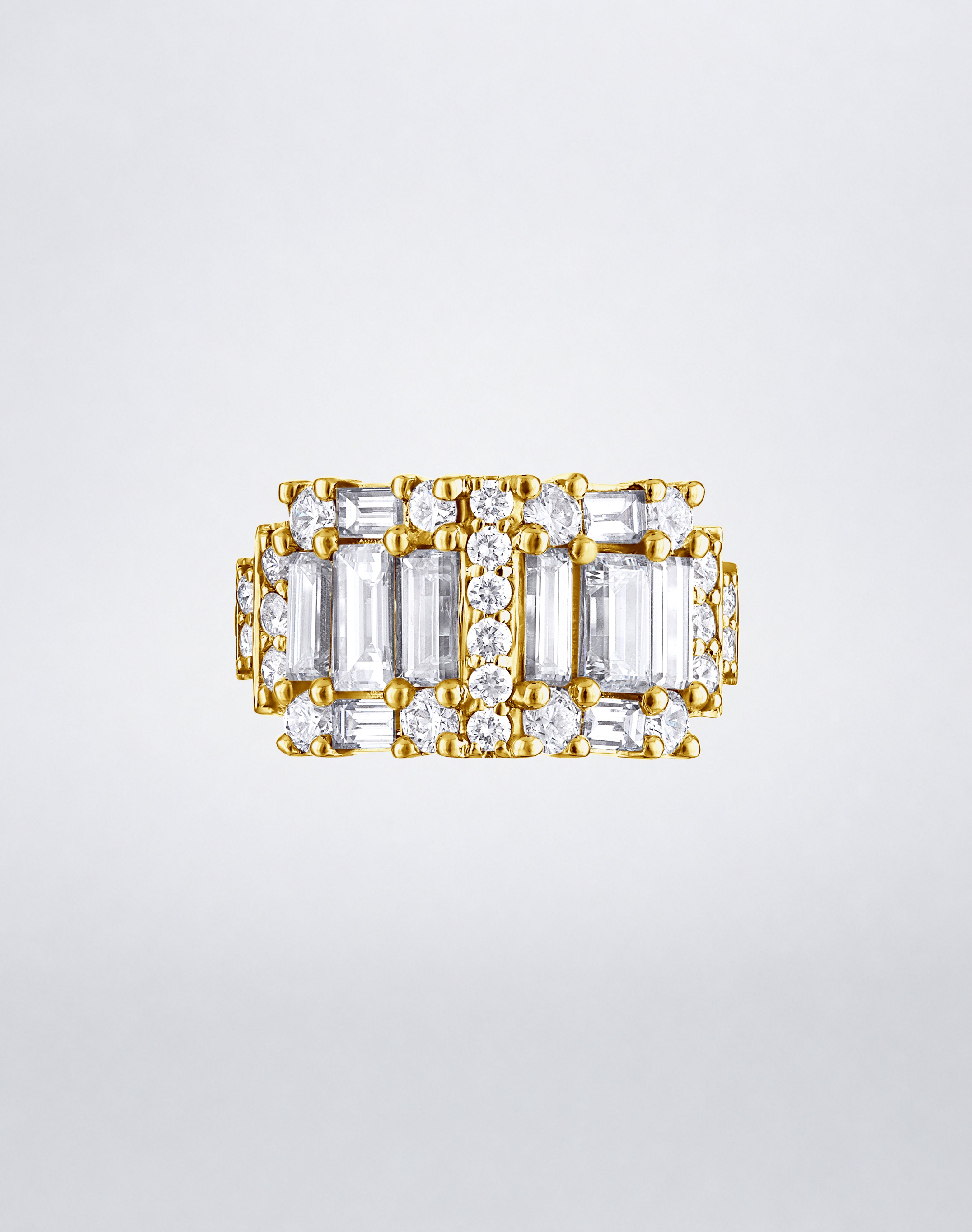 CLARITY³ Step Diamond Band in 18K yellow gold, featuring alternating columns of baguette and round diamonds, by Mindi Mond New York