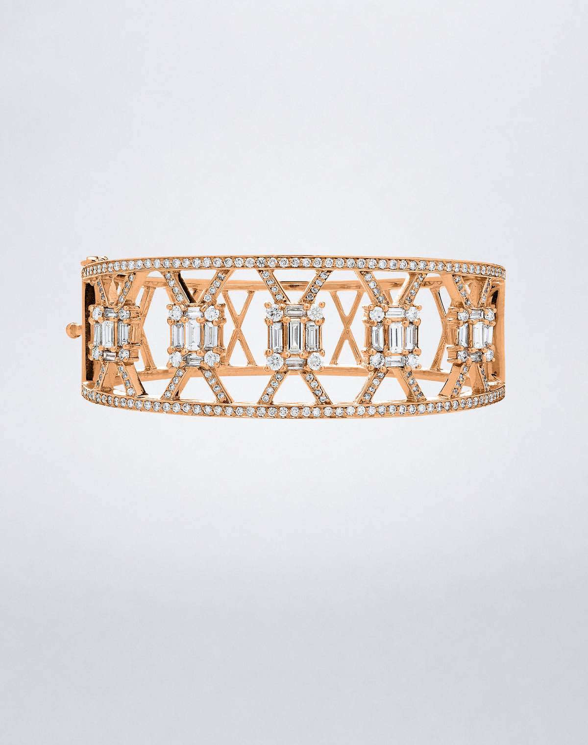 Mindi Mond New York Clarity³ Wide Lattice Cuff in 18k rose gold, openwork pavé diamond lattice with five nine-stone baguette and round brilliant formations, front view