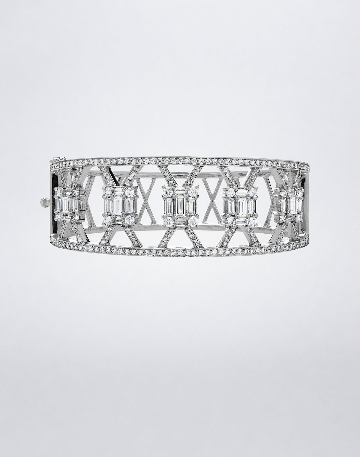 Mindi Mond New York Clarity³ Wide Lattice Cuff in 18k white gold, openwork pavé diamond lattice with five nine-stone baguette and round brilliant formations, front view