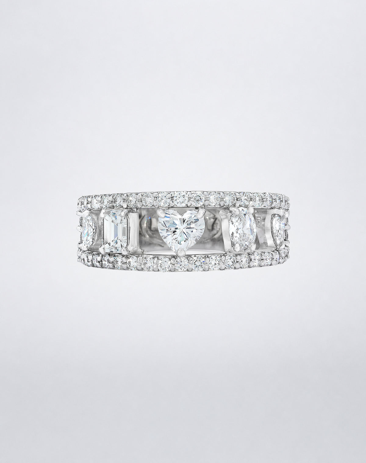 Mindi Mond New York Fancy Cut Five Stone Ring in 18K white gold, five fancy-cut diamonds set between two pavé rails