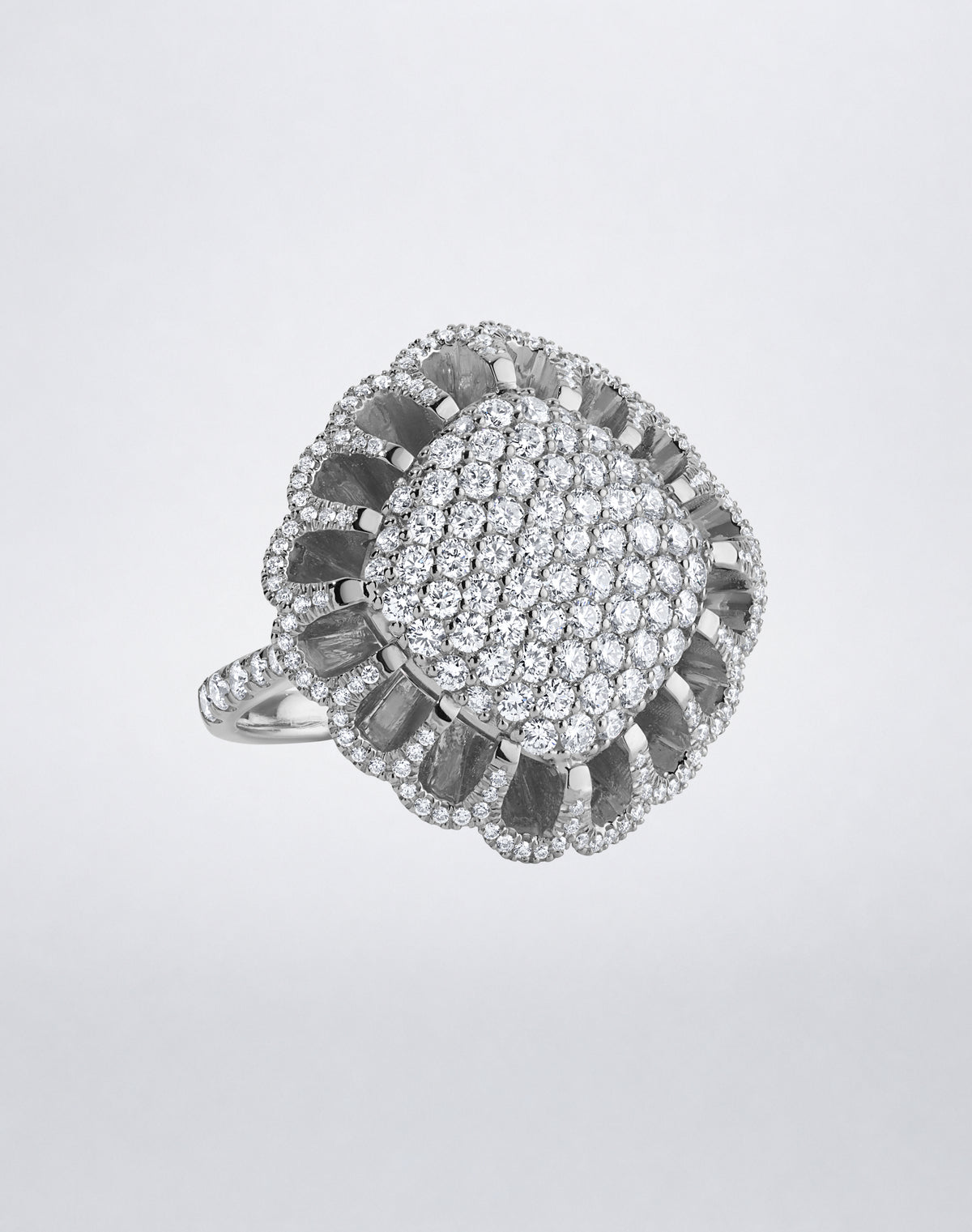 Mindi Mond New York FLOATING HUES All Diamond Ring in 18K white gold, front view showcasing the iconic elliptical setting and pavé diamonds.