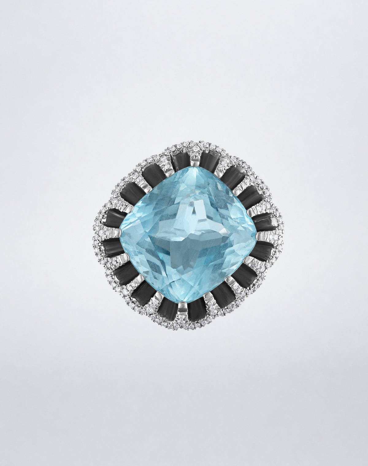 Mindi Mond New York FLOATING HUES Aquamarine and Diamond Ring in 18K white gold, front view showcasing a cushion-cut aquamarine framed by diamonds in the iconic elliptical setting.