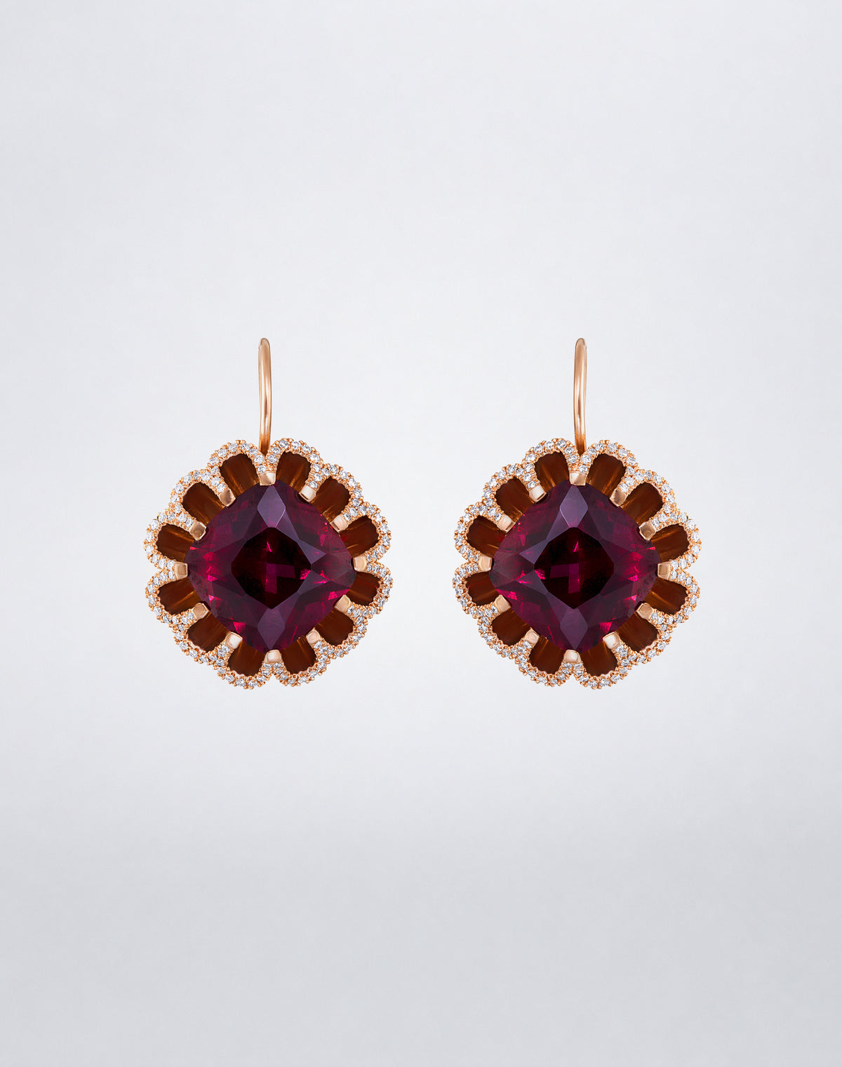 Mindi Mond New York Floating Hues Rhodolite Garnet and Diamond Drop Earrings with cushion-cut garnets and pavé diamonds in 18K rose gold