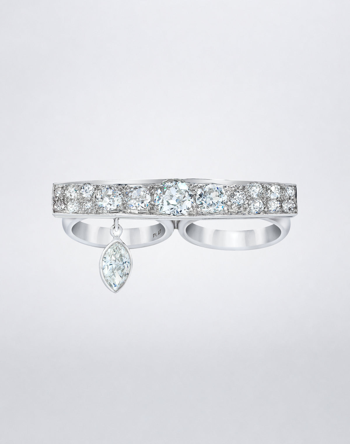 One-of-a-kind Platinum Diamond Bar Two Finger Ring featuring a graduated row of round diamonds across two platinum bands with a suspended marquise diamond.