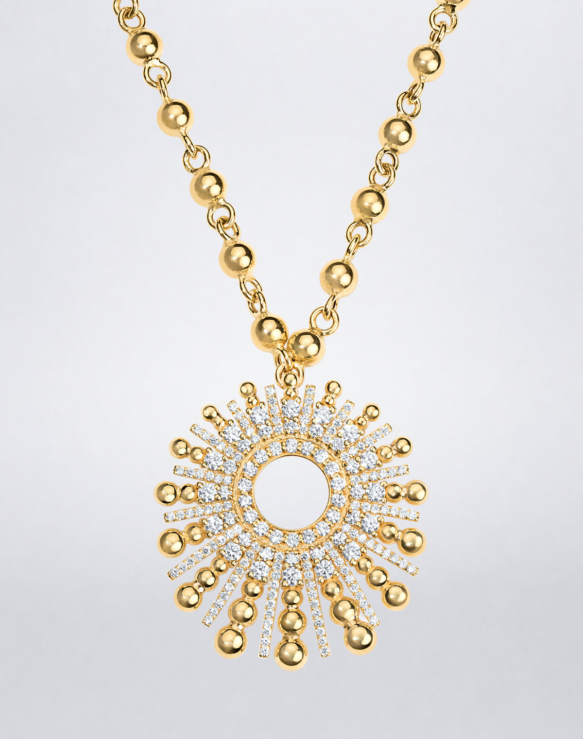 Detail of Mindi Mond New York Gold Ball Spoke Necklace with radiating gold beads and pavé diamond spokes in 18K yellow gold