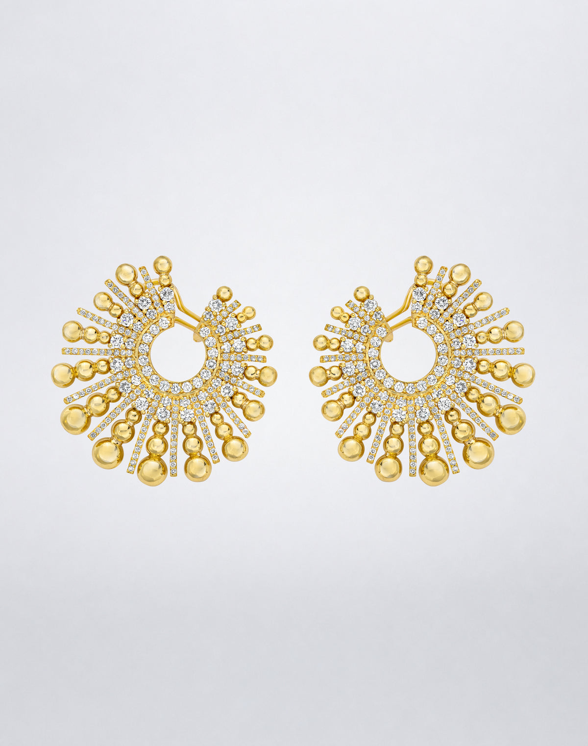 Mindi Mond New York Gold and Diamond Spoke Earrings with sculptural gold beads and pavé diamond spokes in 18K yellow gold