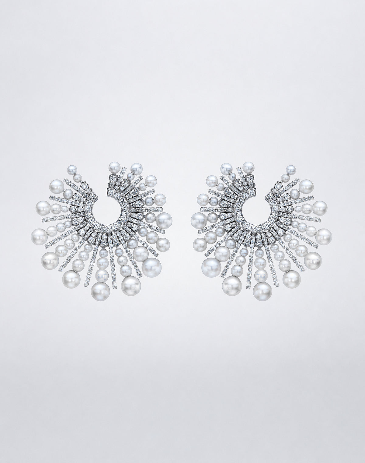 Mindi Mond New York's Pearl and Diamond Spoke Earrings with Japanese Akoya pearls and pavé diamond spokes in 18K white gold
