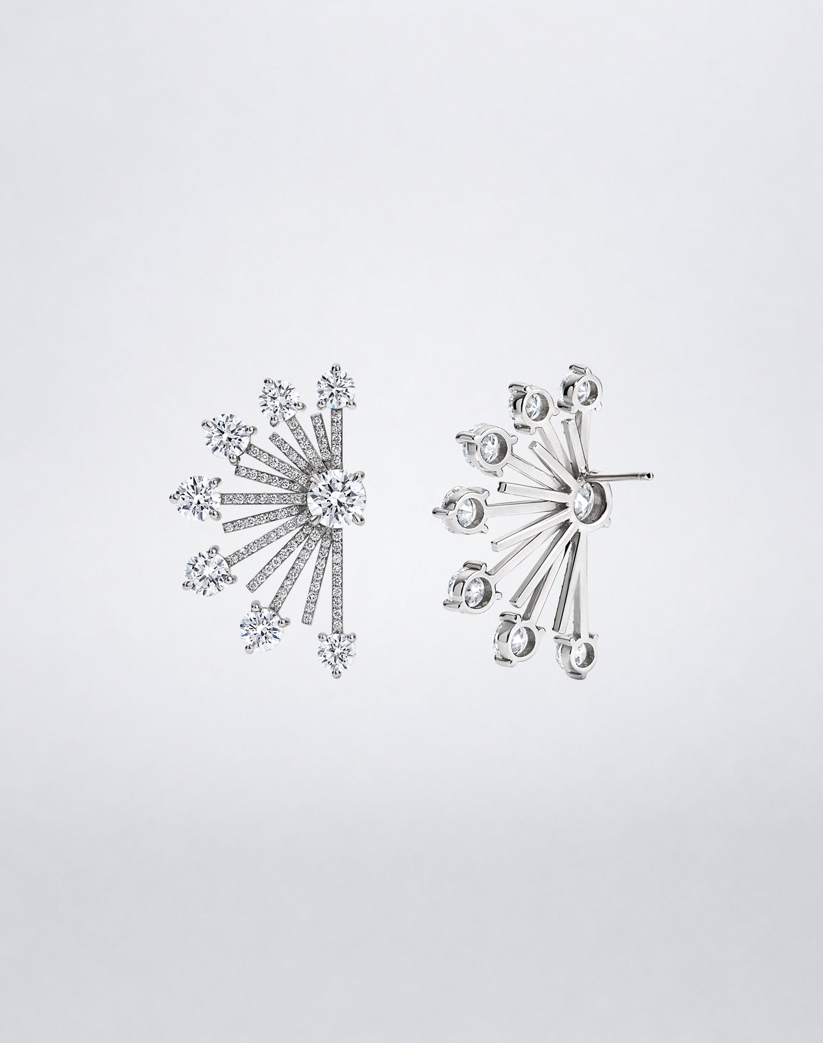 Back view of Mindi Mond New York SPOKE Radiant Diamond Spoke Earrings in 18K white gold with round brilliant diamonds and post closures
