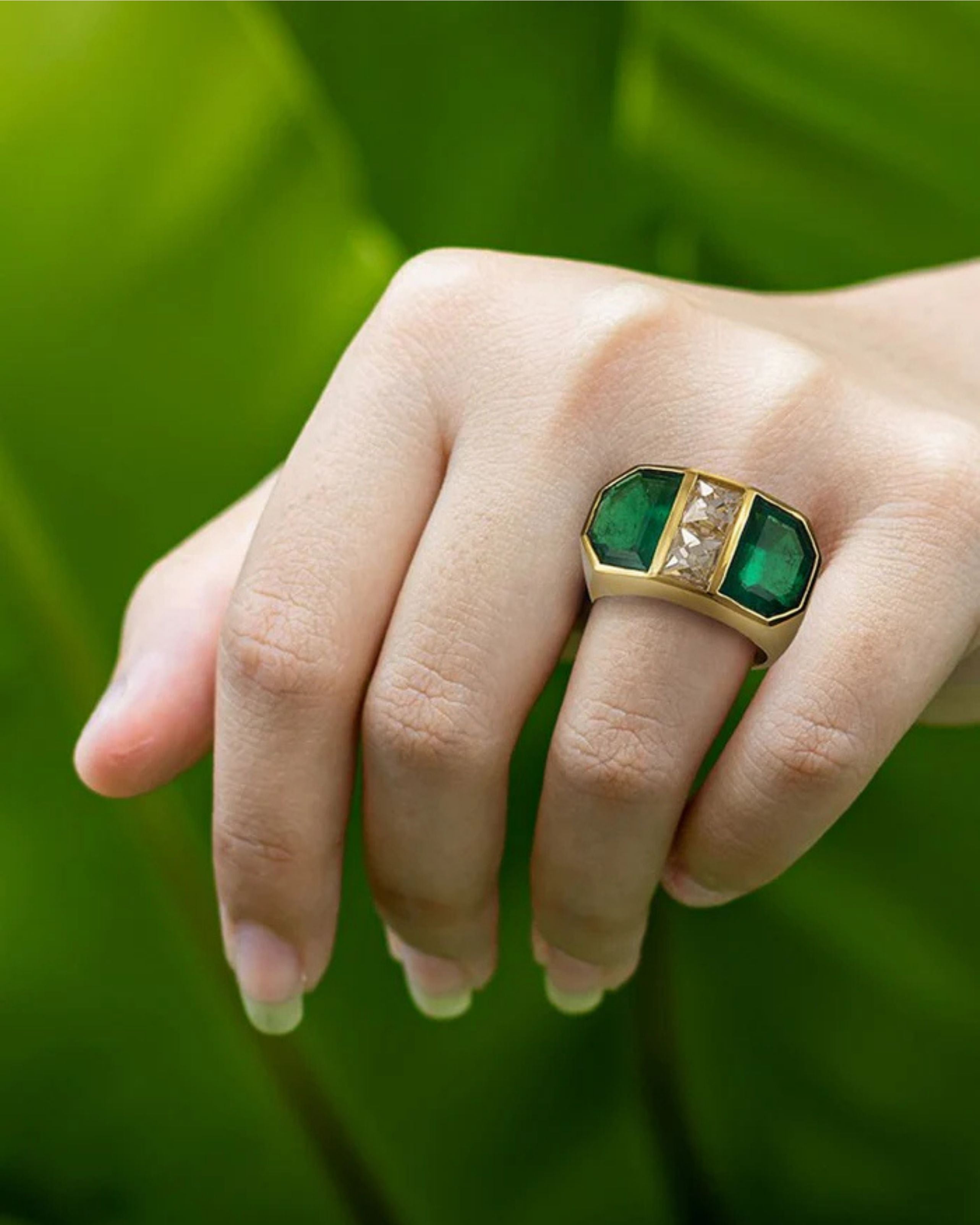 Colombian Emerald Shield & French Cut Diamond Ring