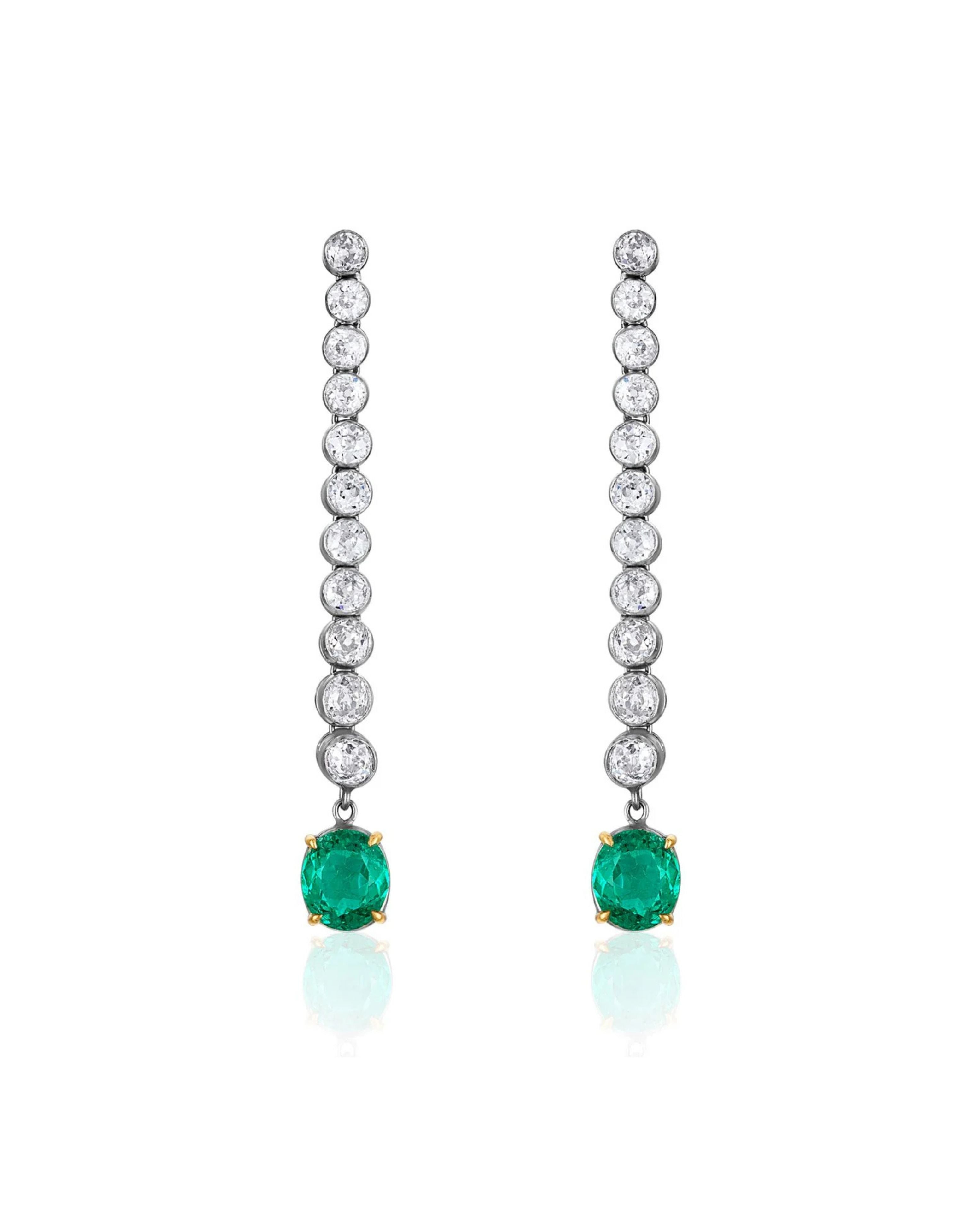 Colombian Emerald & Old European Diamond Detachable Line Earrings