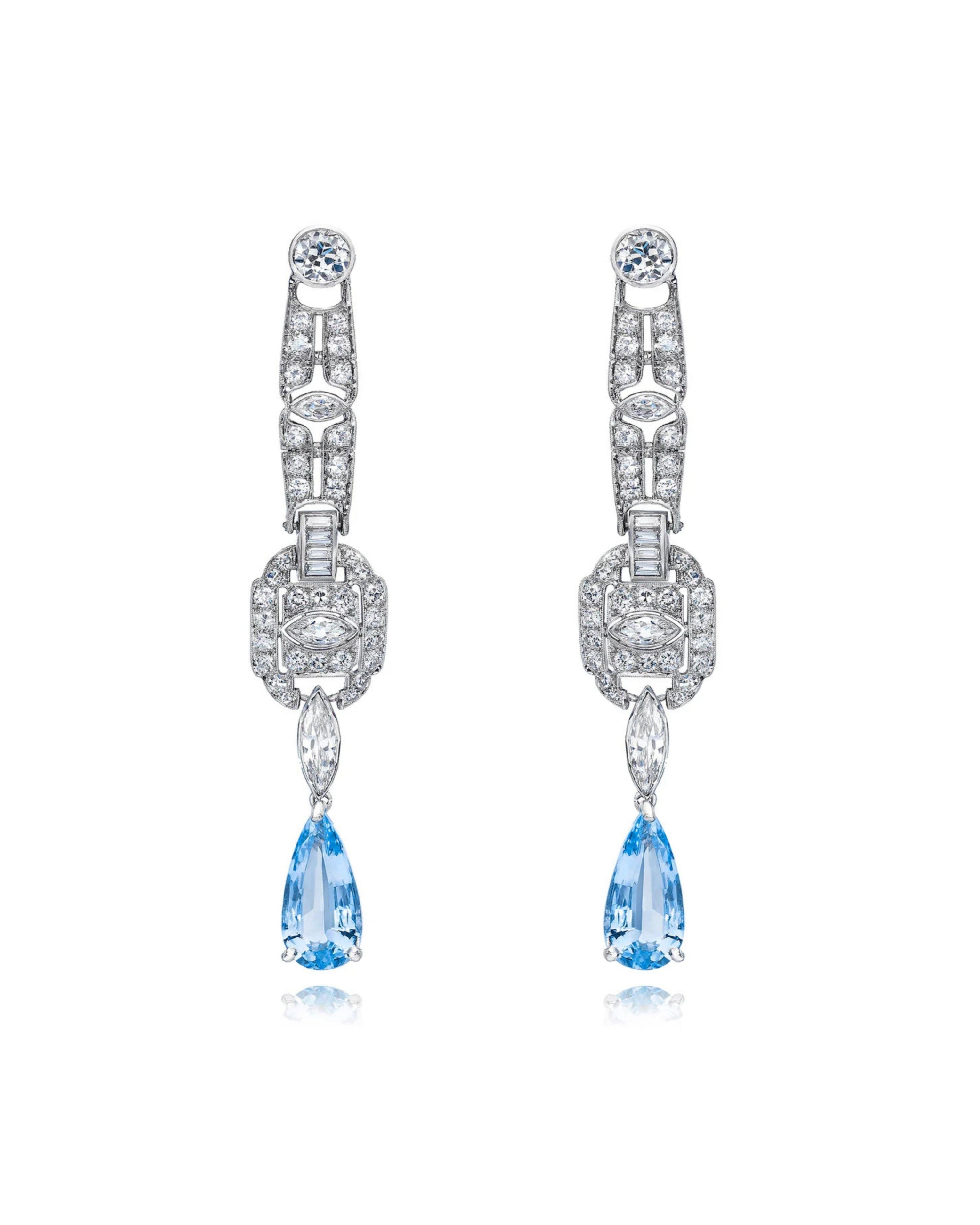 Deco Aqua & Diamond Pendant Earrings
