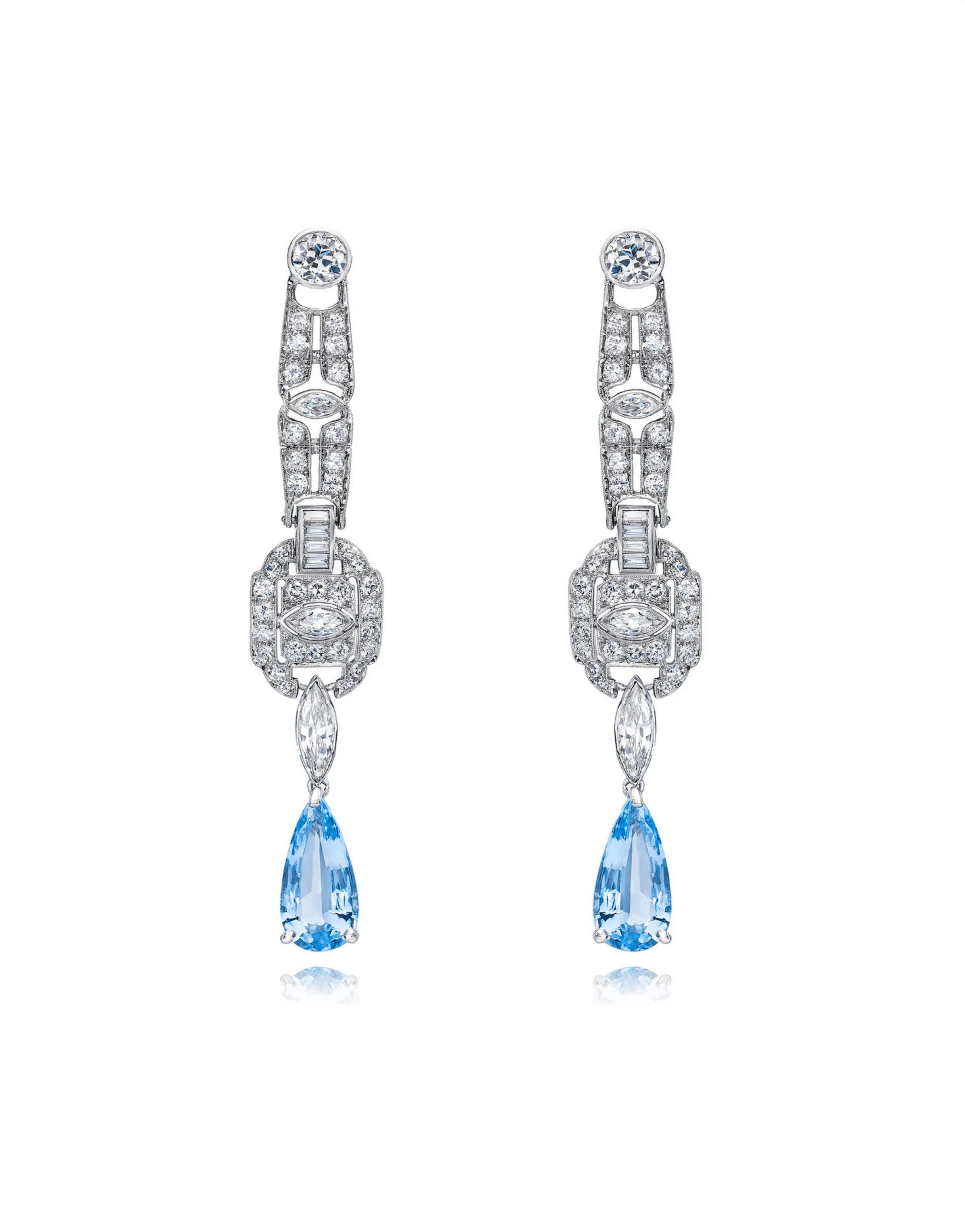 Deco Aqua & Diamond Pendant Earrings