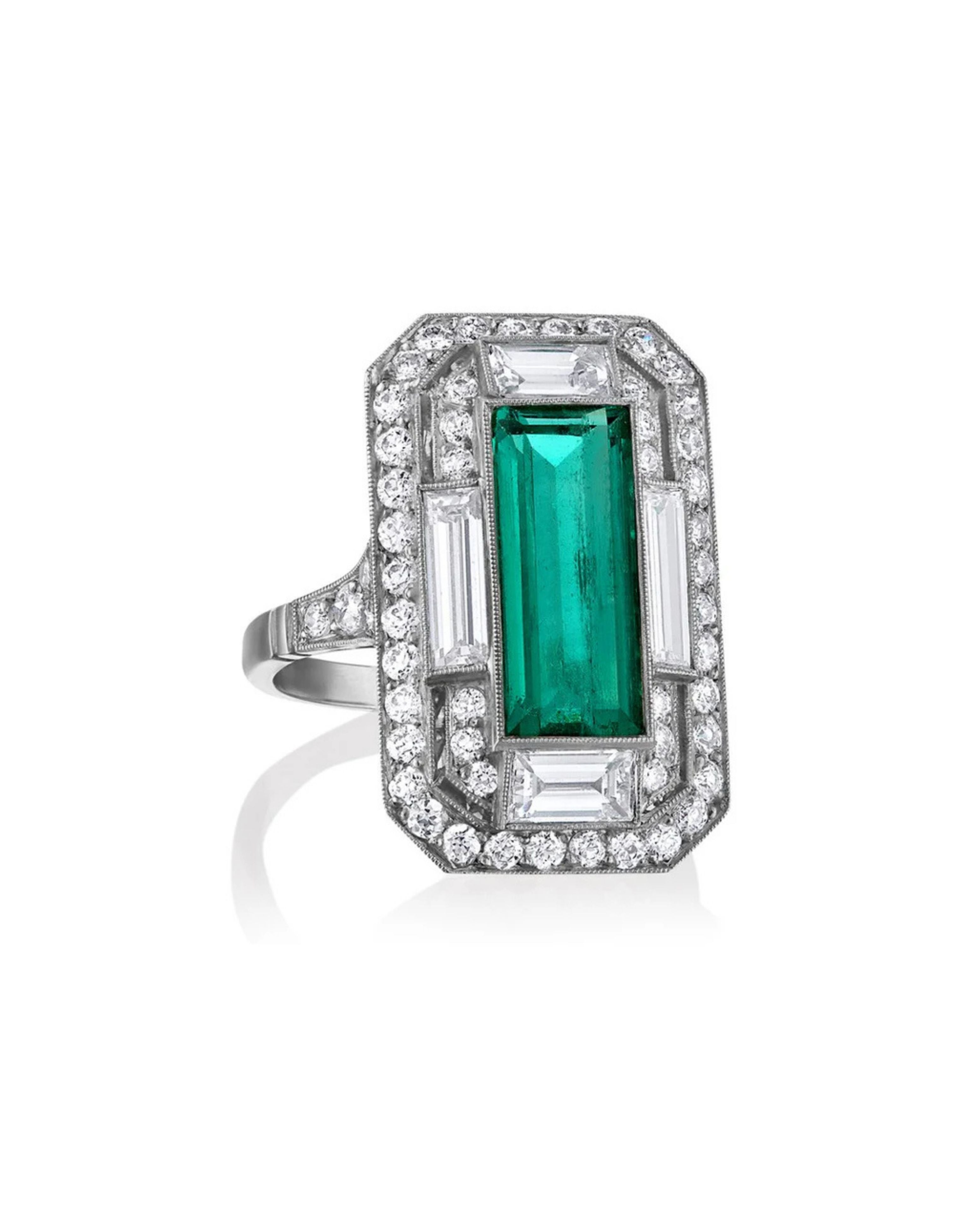 Deco Engraved Emerald Diamond Ring