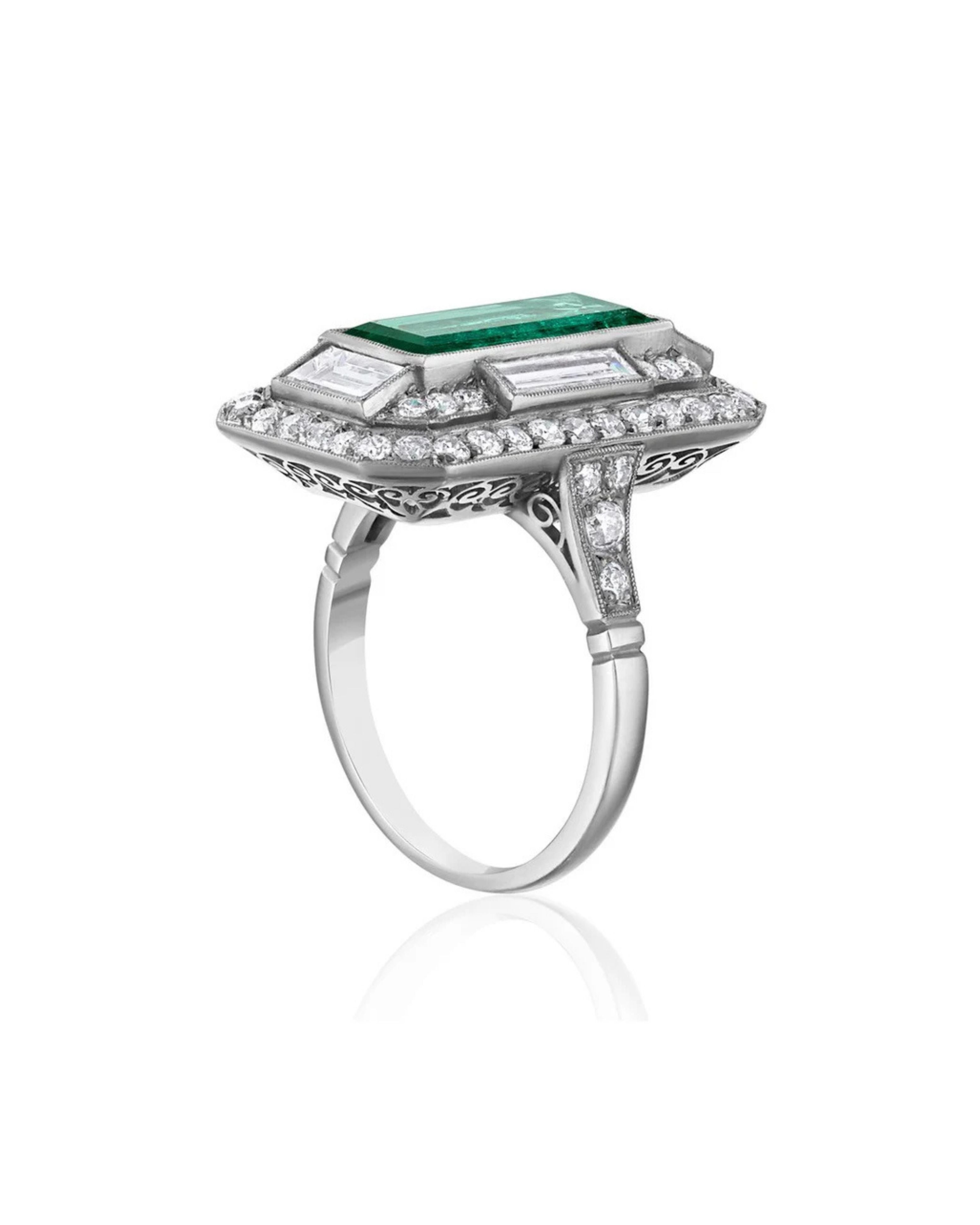Deco Engraved Emerald Diamond Ring