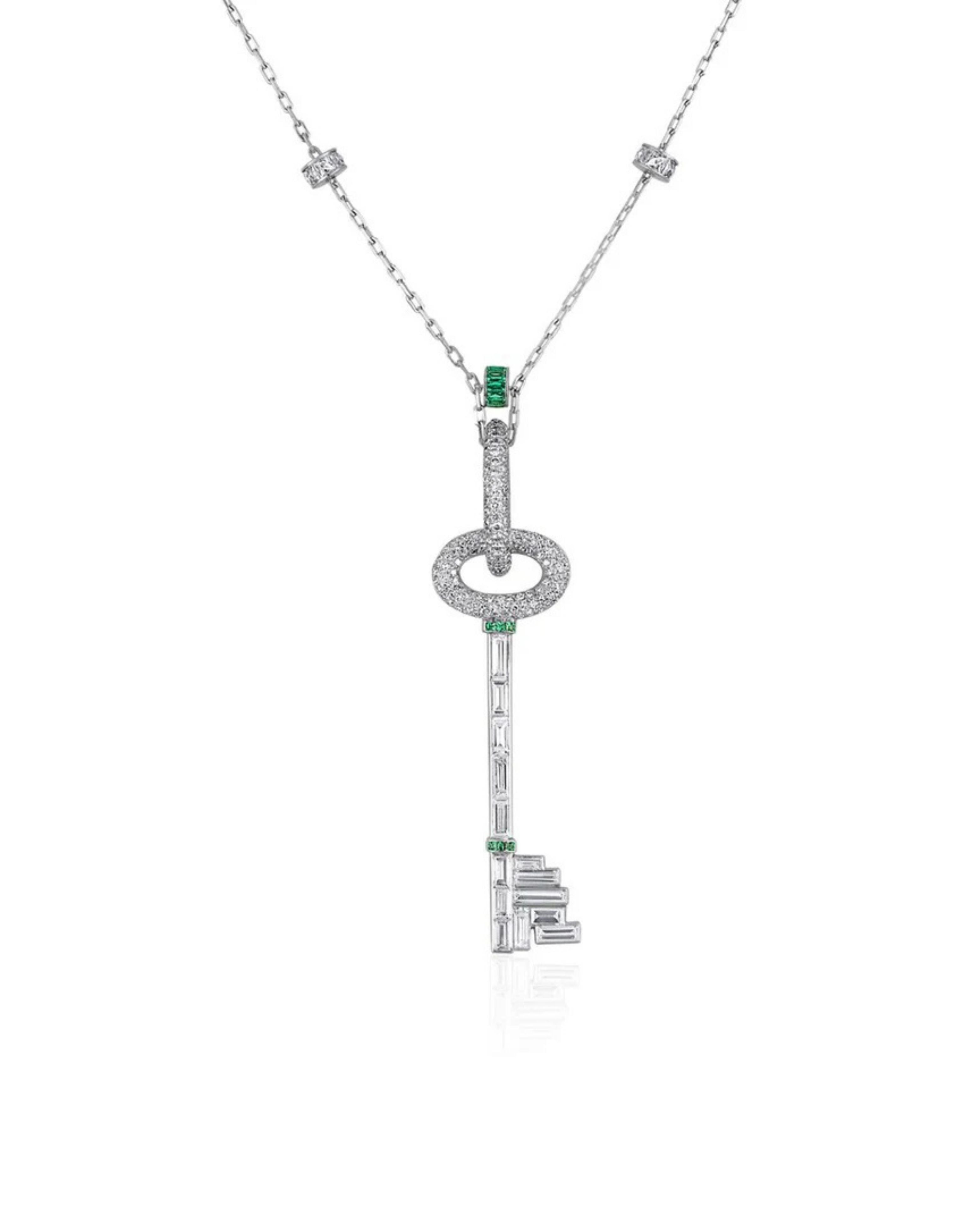 Diamond and Colombian Emerald Key Pendant Necklace