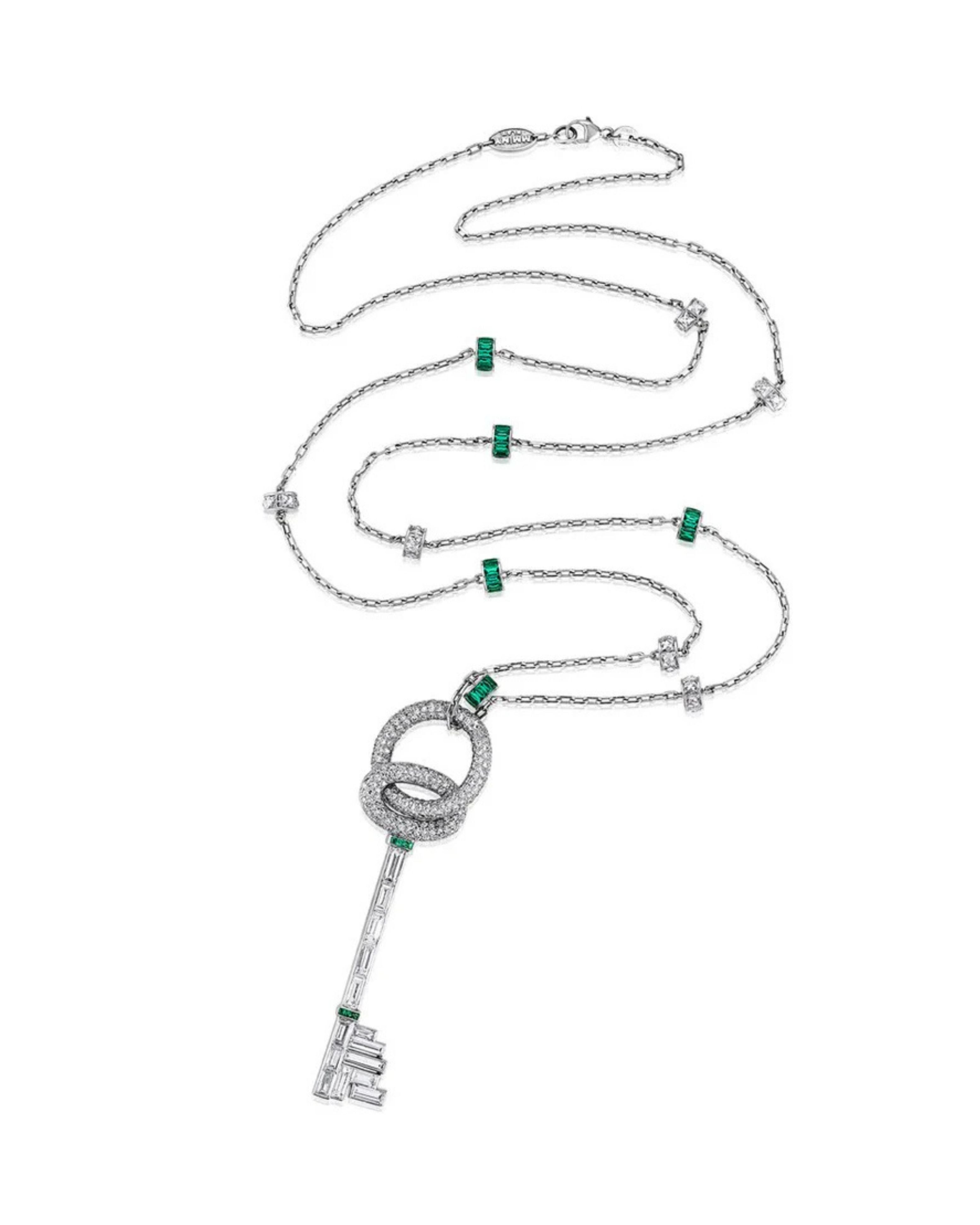 Diamond and Colombian Emerald Key Pendant Necklace