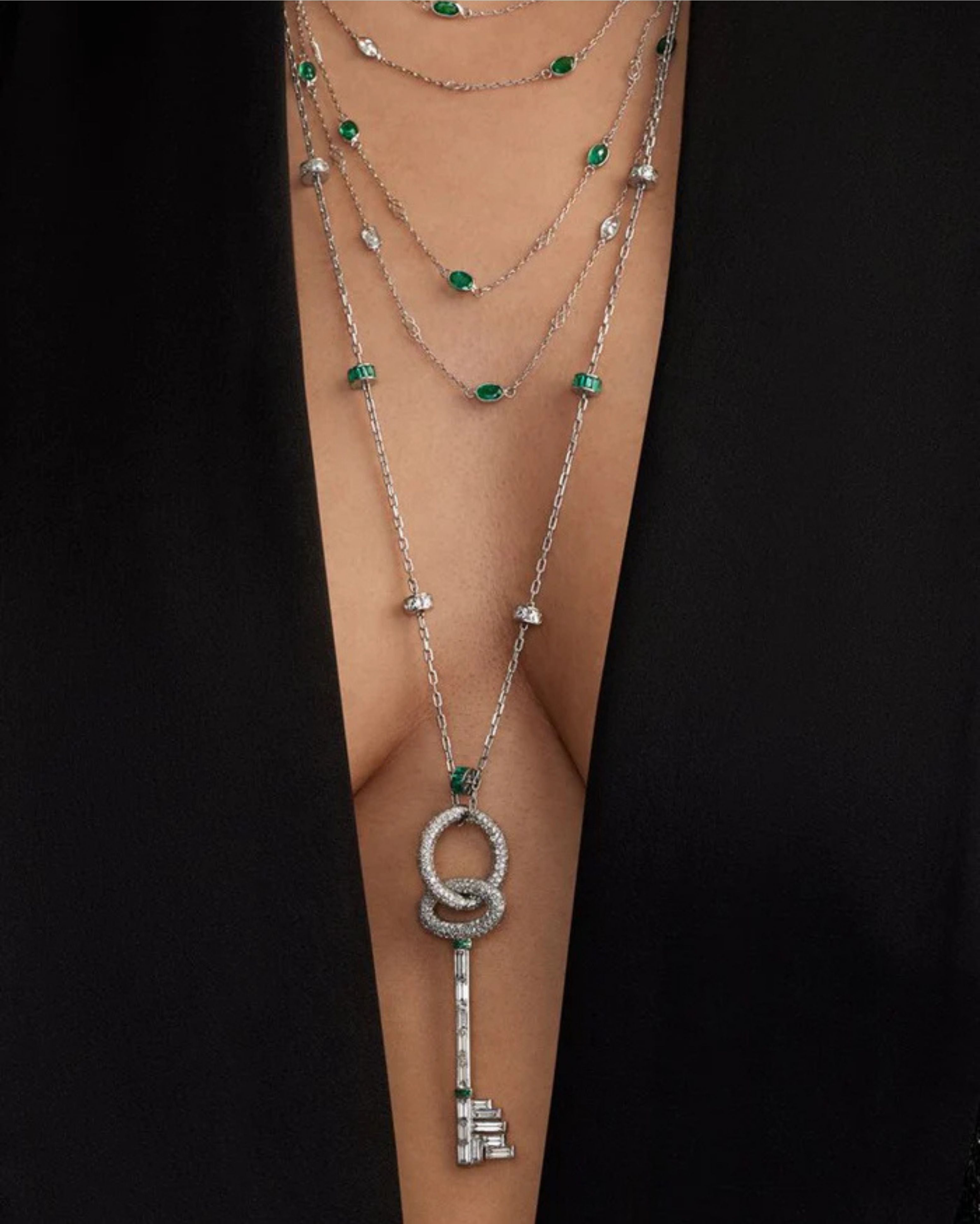 Diamond and Colombian Emerald Key Pendant Necklace