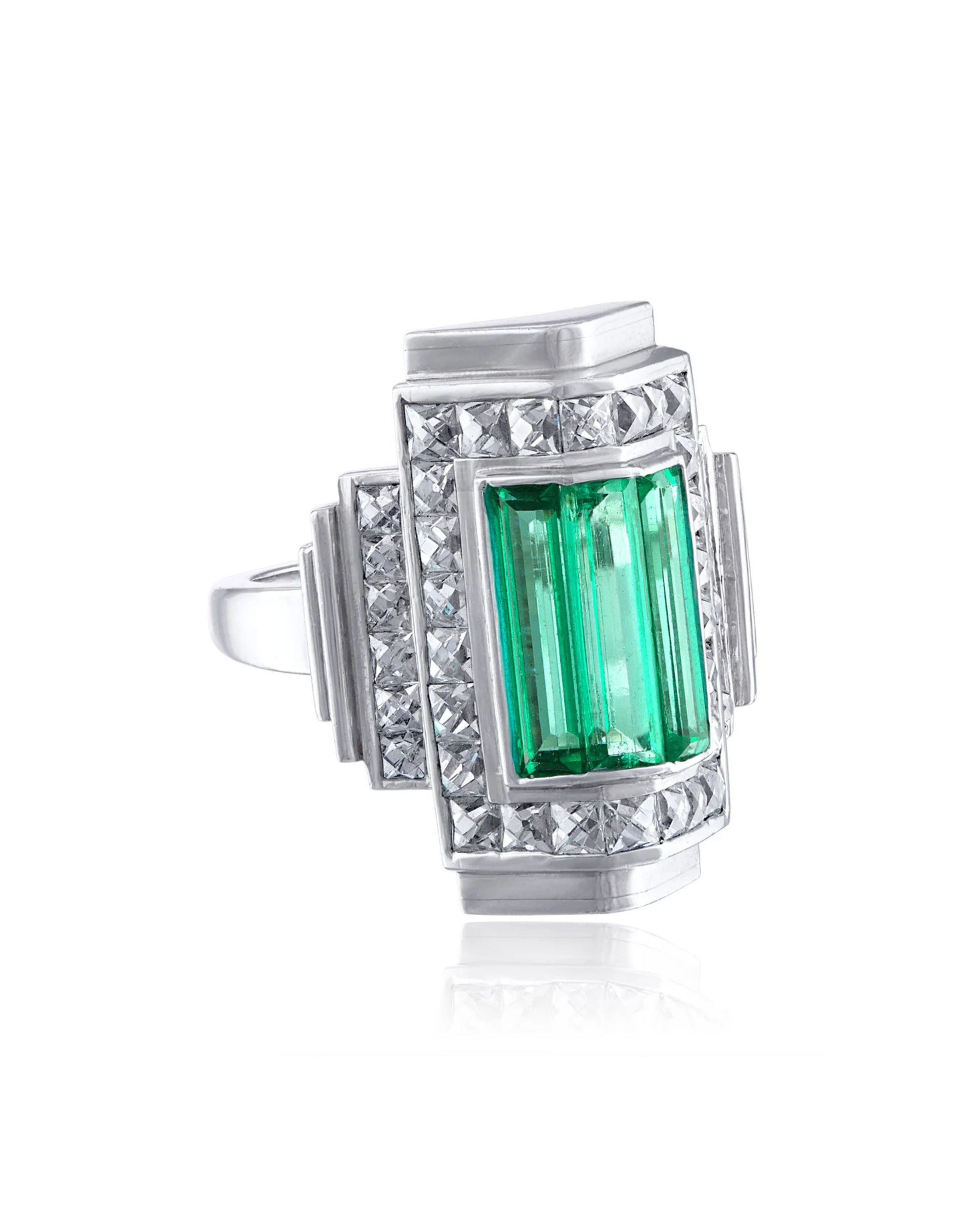 Emerald & French Cut Diamond Step Ring