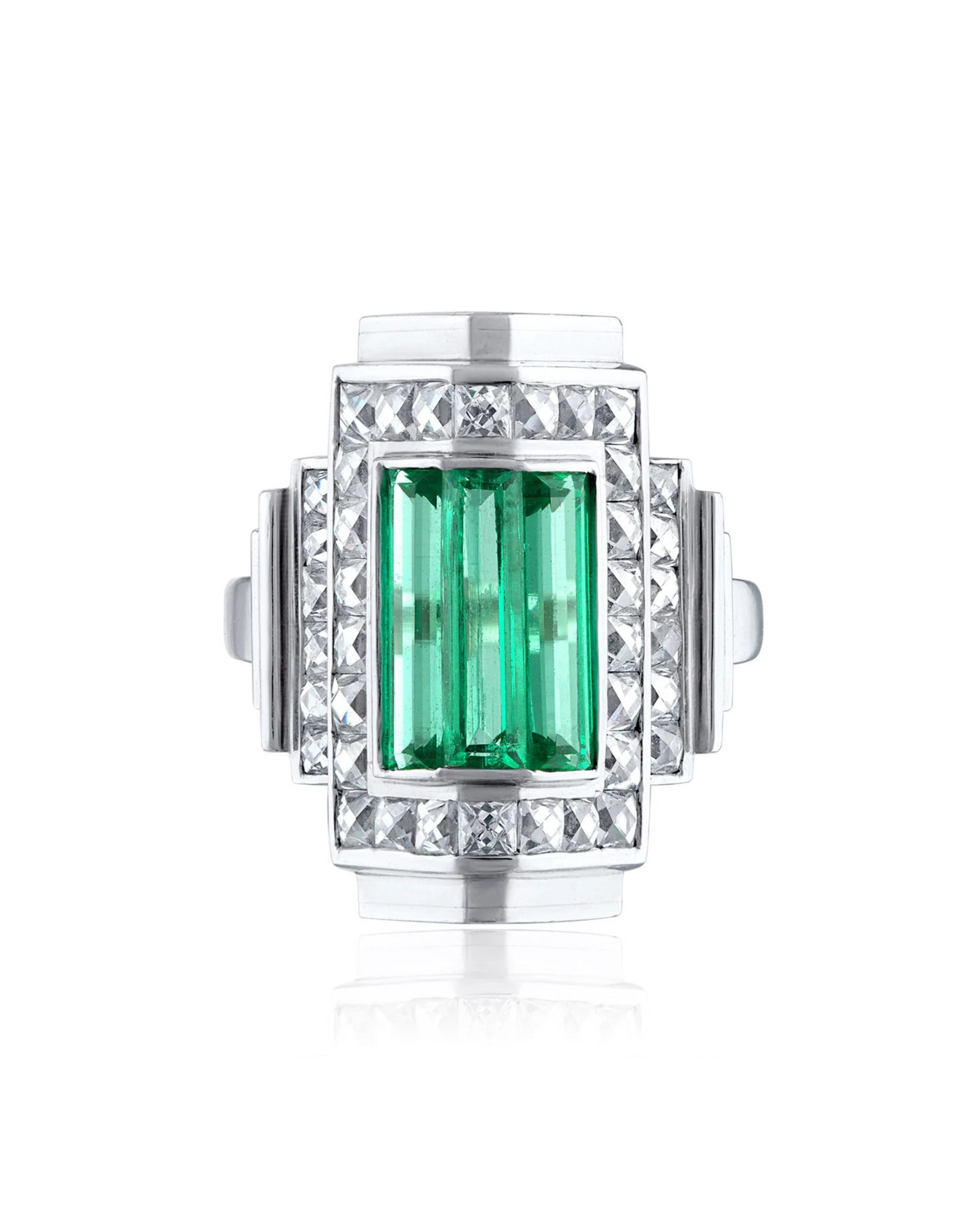 Emerald & French Cut Diamond Step Ring