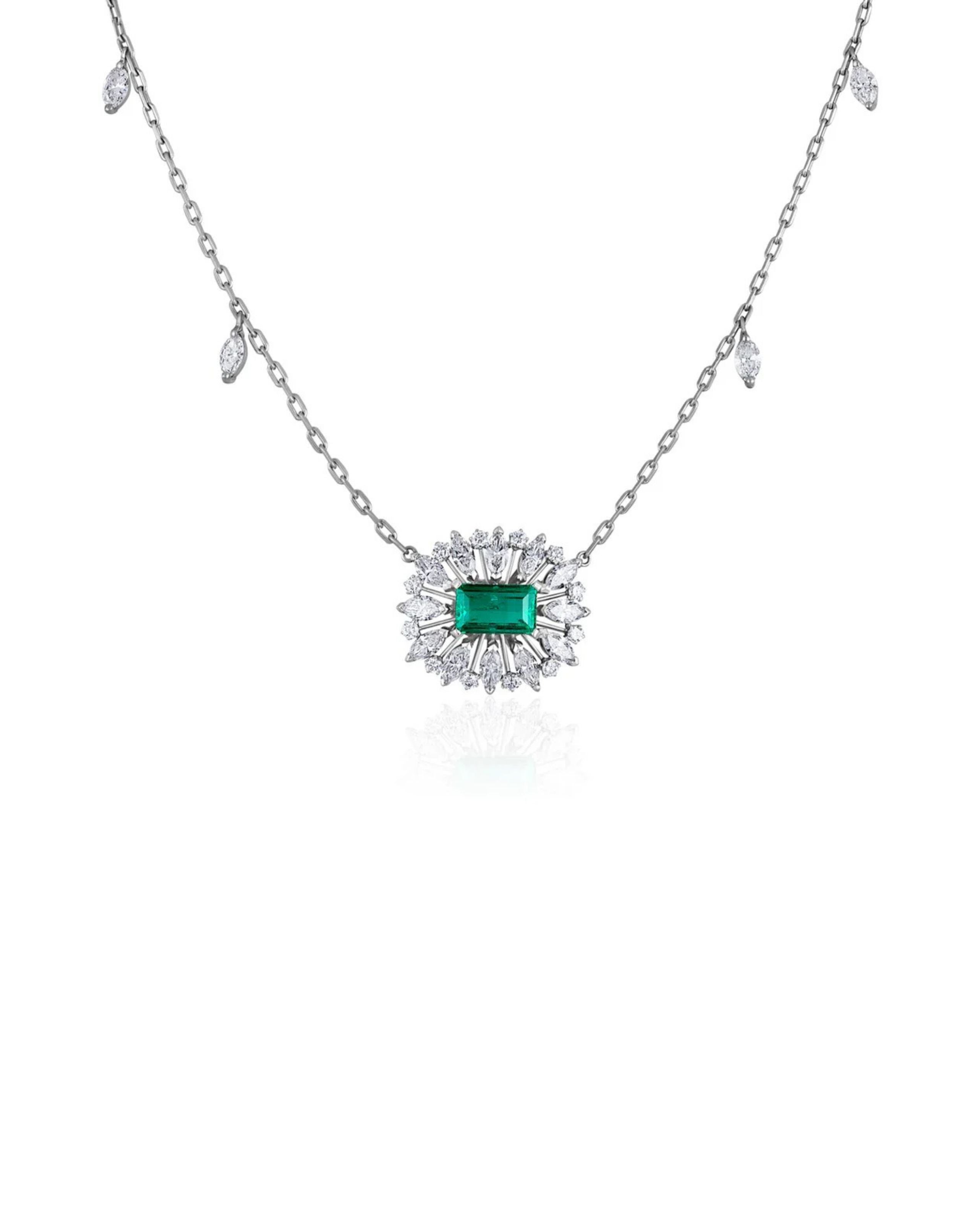 Emerald and Marquise Burst Diamond Link Necklace