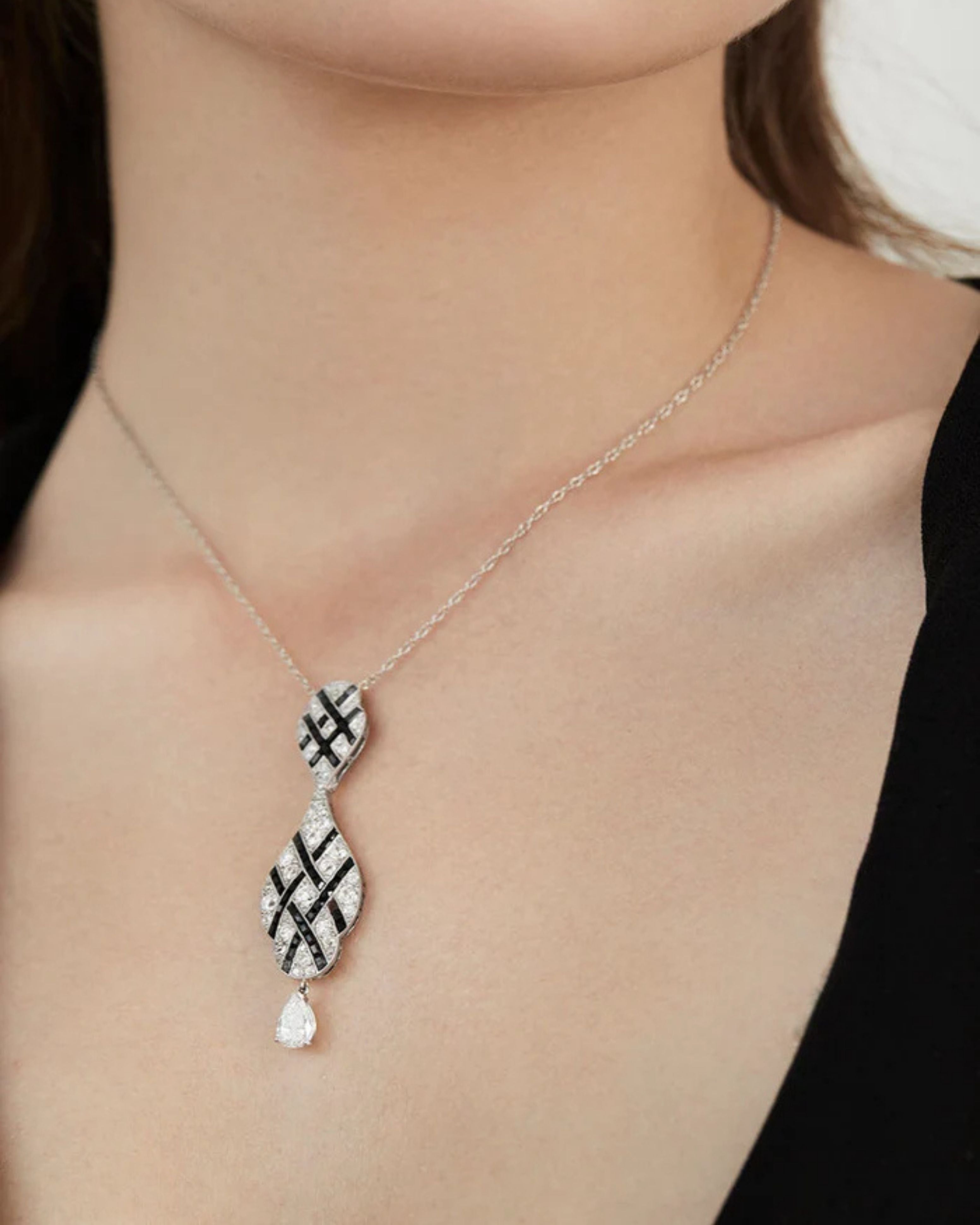 Geometric Onyx & Diamond Pendant Necklace