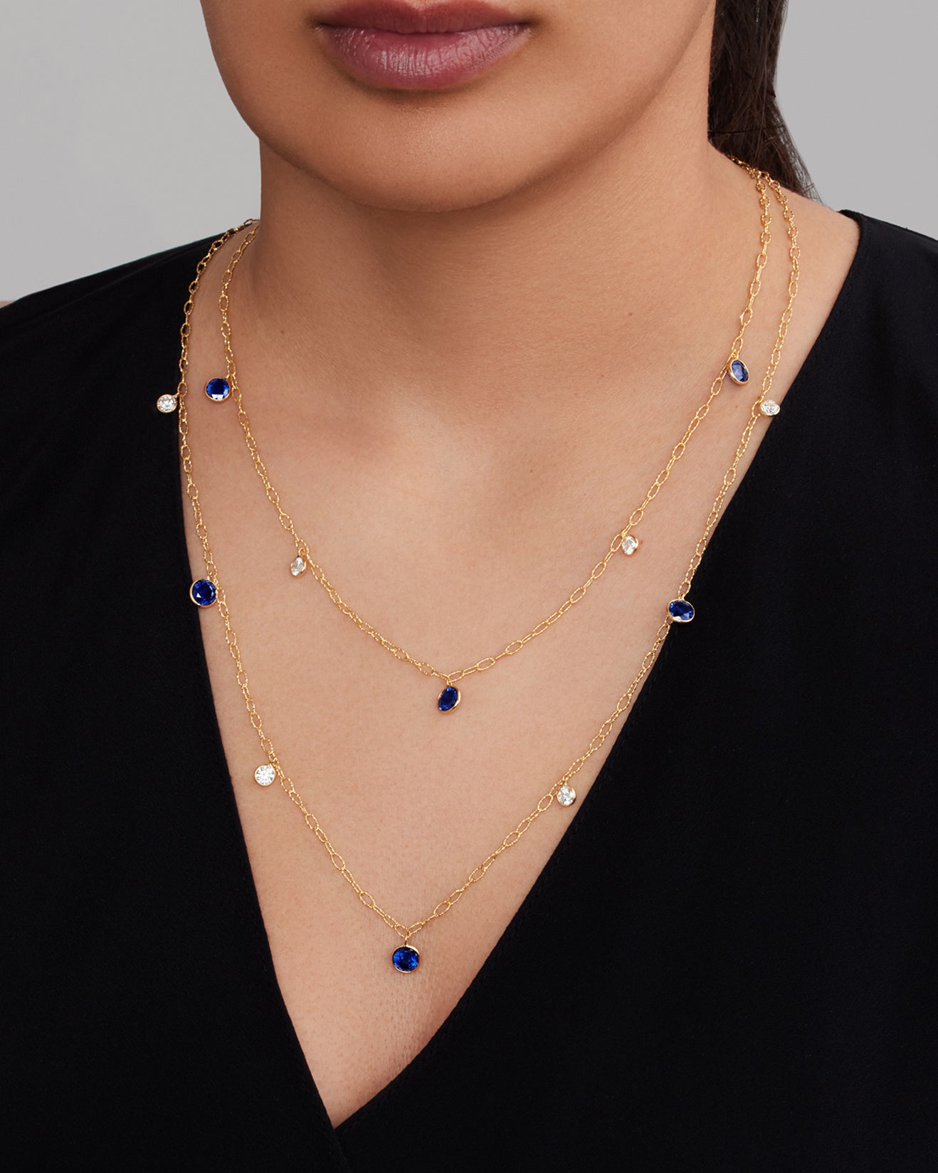 Ceylon Sapphire and Diamond 7 Drop Tinsel Chain Necklace