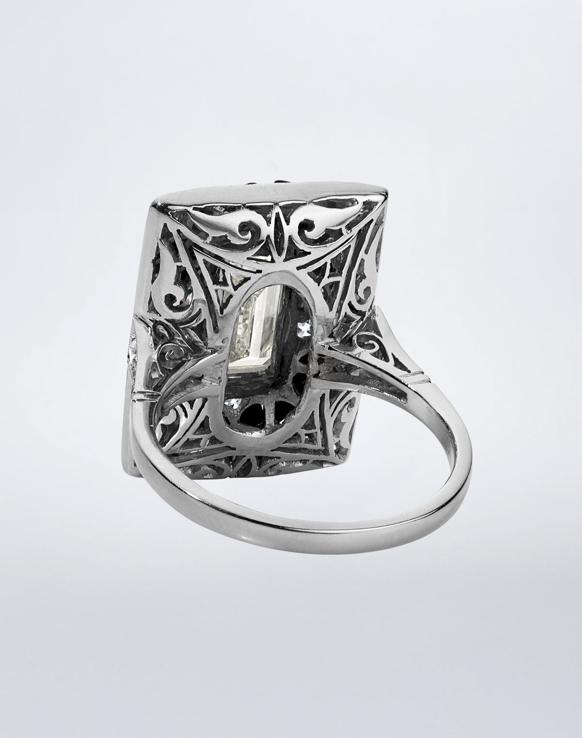 Back view of the Reconceived Daring Deco Ring by Mindi Mond New York, highlighting the platinum setting and intricate openwork detailing.