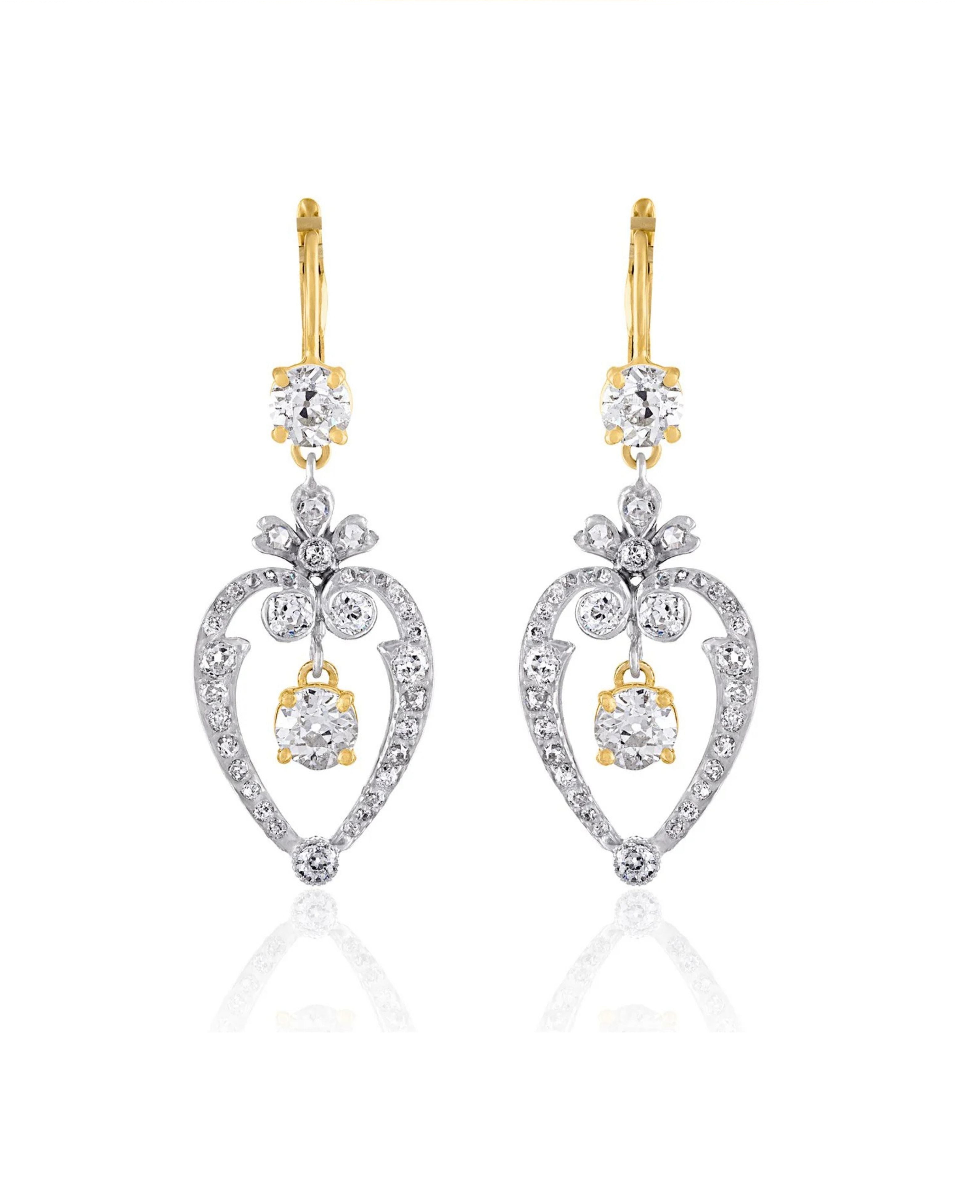 Old Cut Floral Heart Drop Earrings