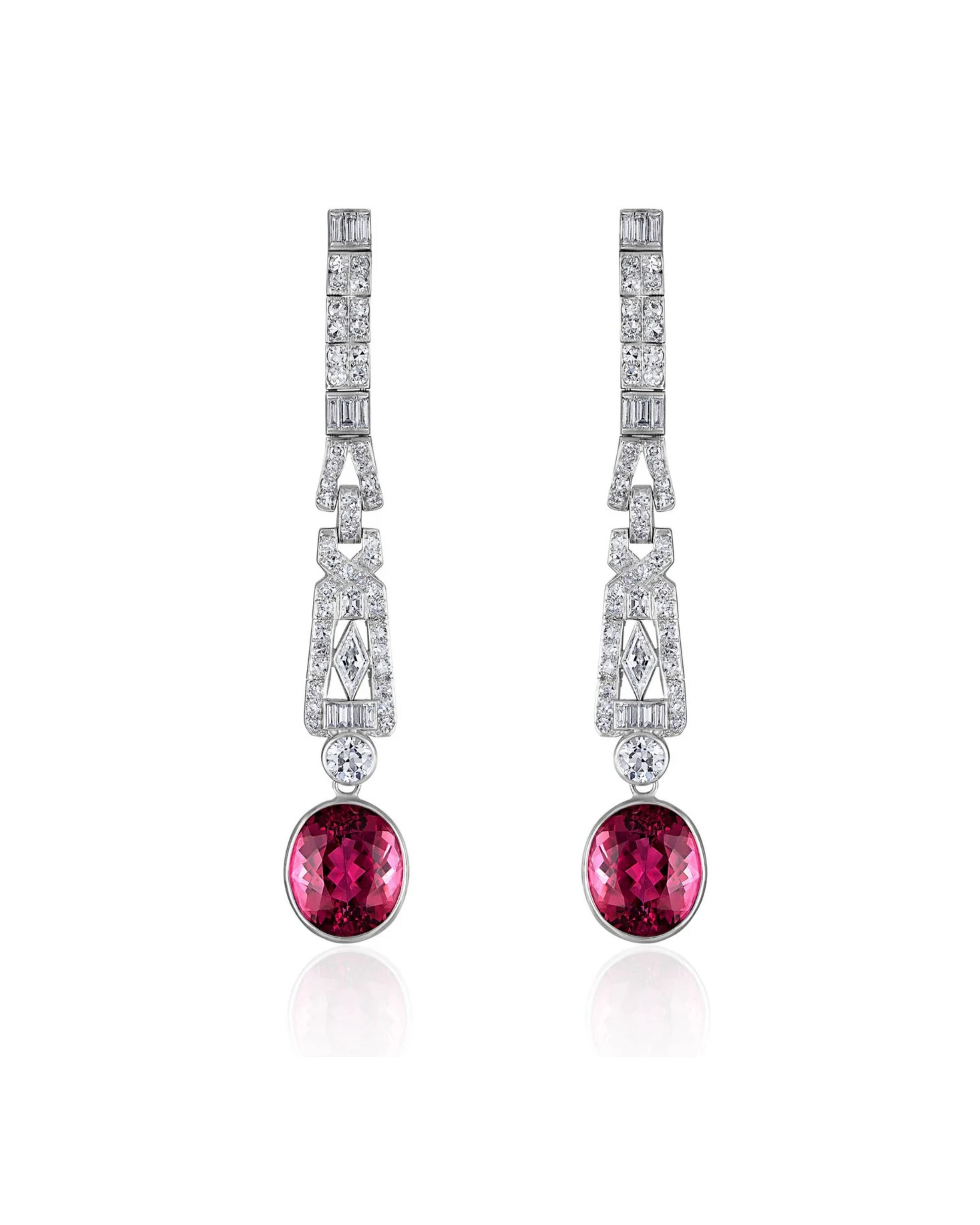 Pink Tourmaline and Multi-Cut Deco Diamond Dangle Earrings
