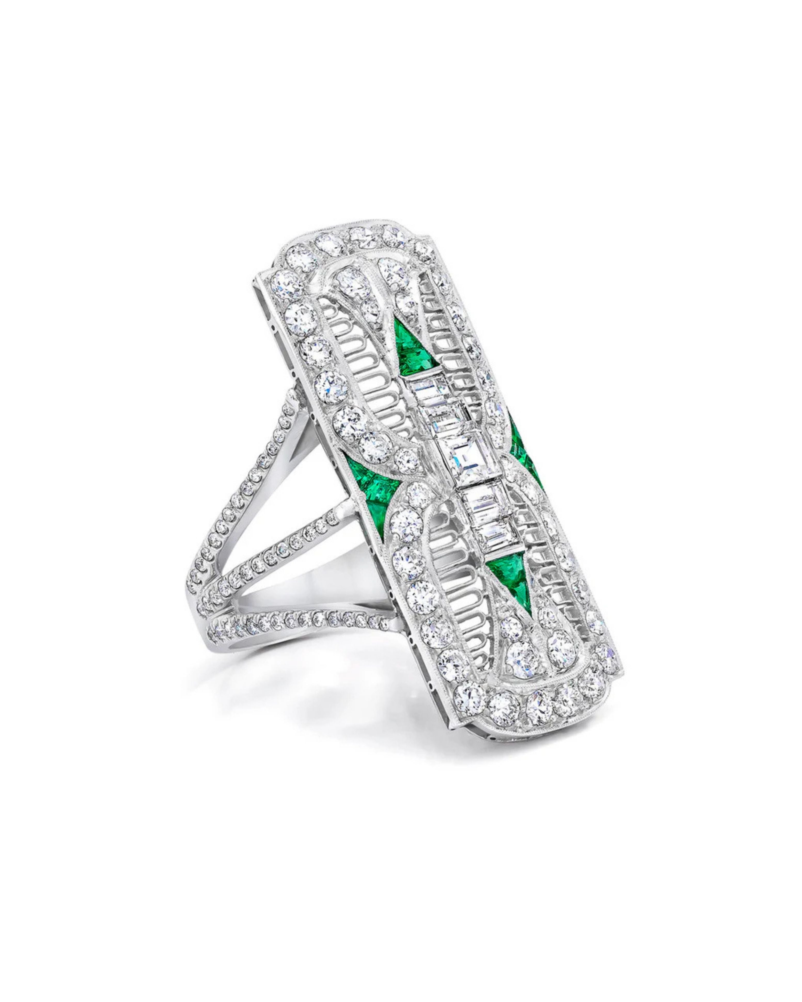 Platinum Filigree Emerald & Diamond Dinner Ring