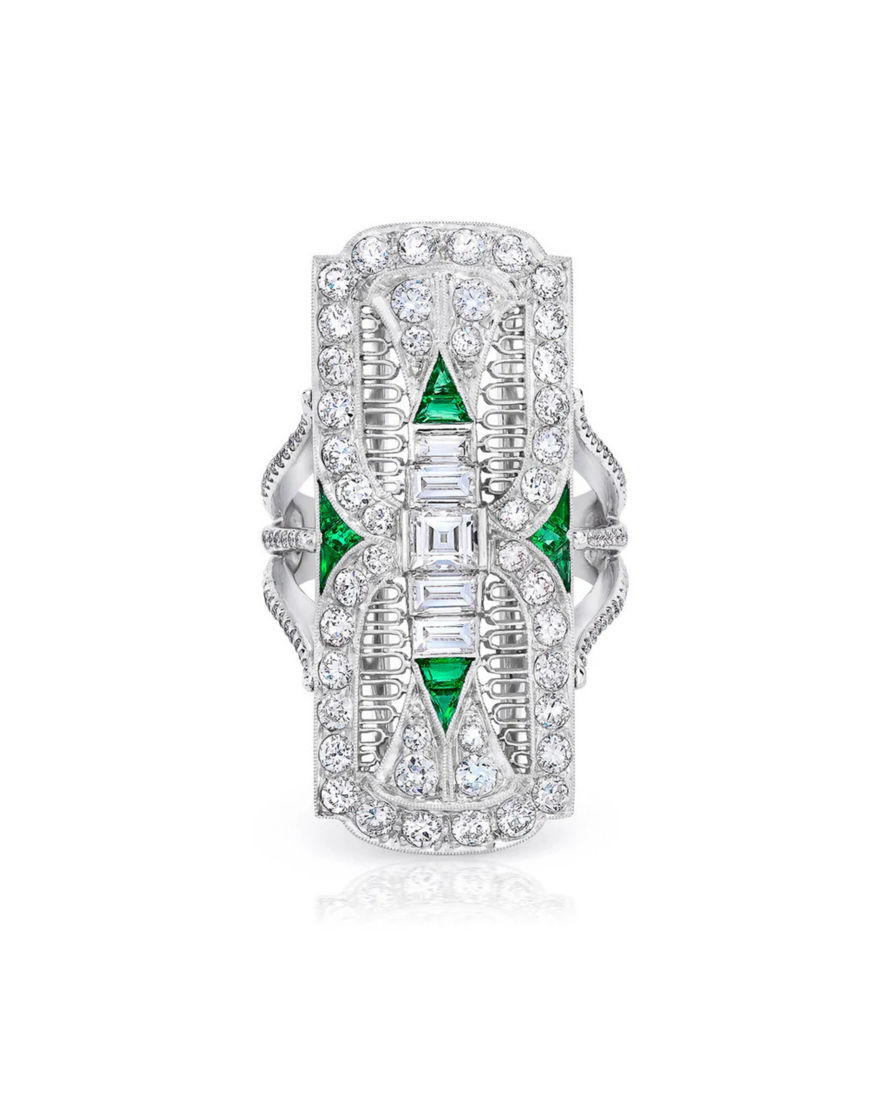 Platinum Filigree Emerald & Diamond Dinner Ring