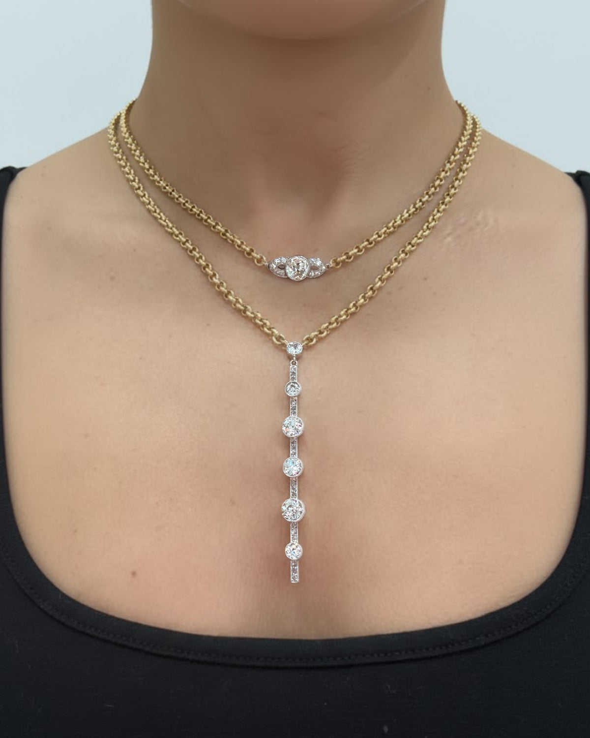OLD EUROPEAN CUT DIAMOND DOUBLE WRAP SAUTOIR BAR NECKLACE