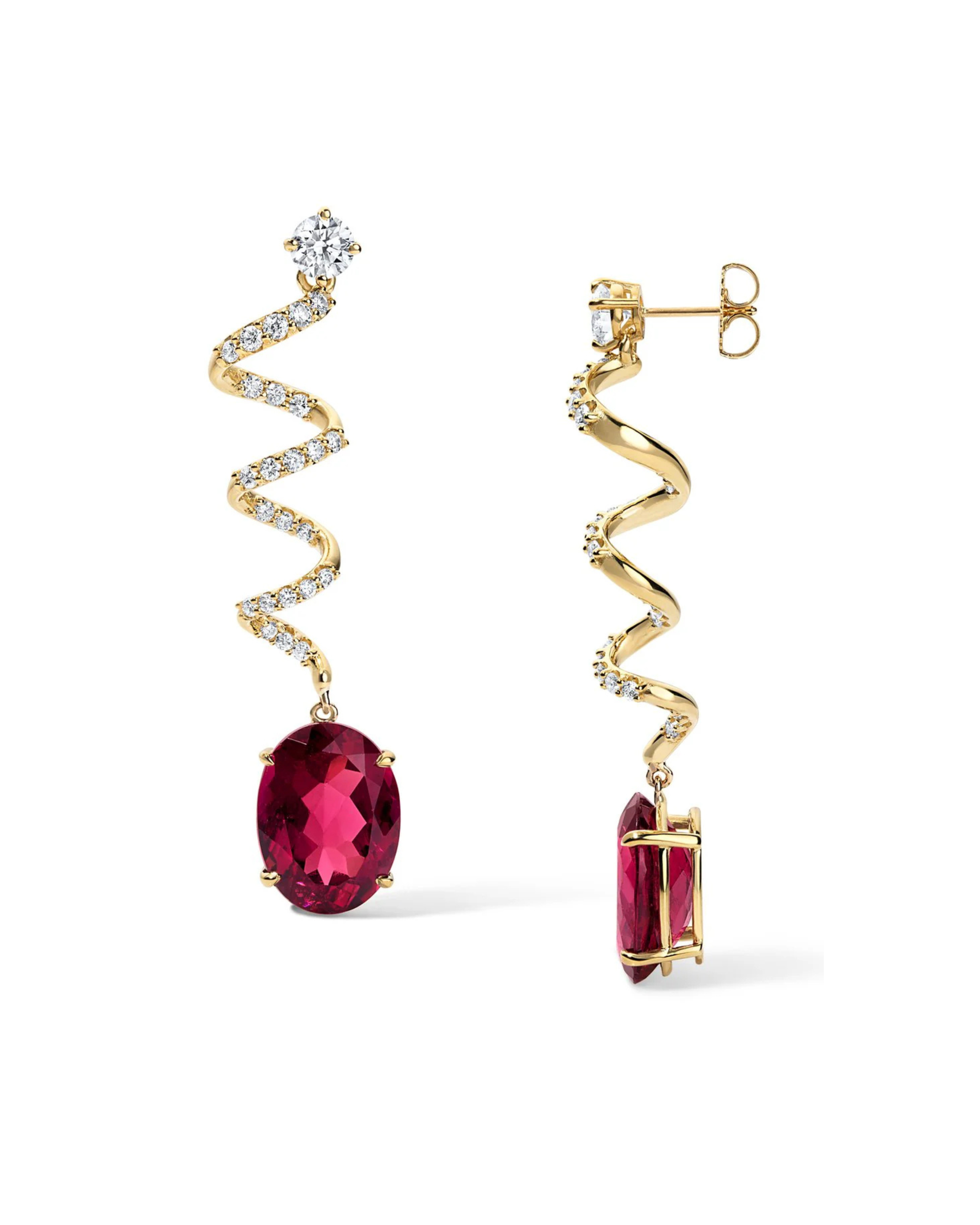 Rubellite Diamond Spiral Earrings