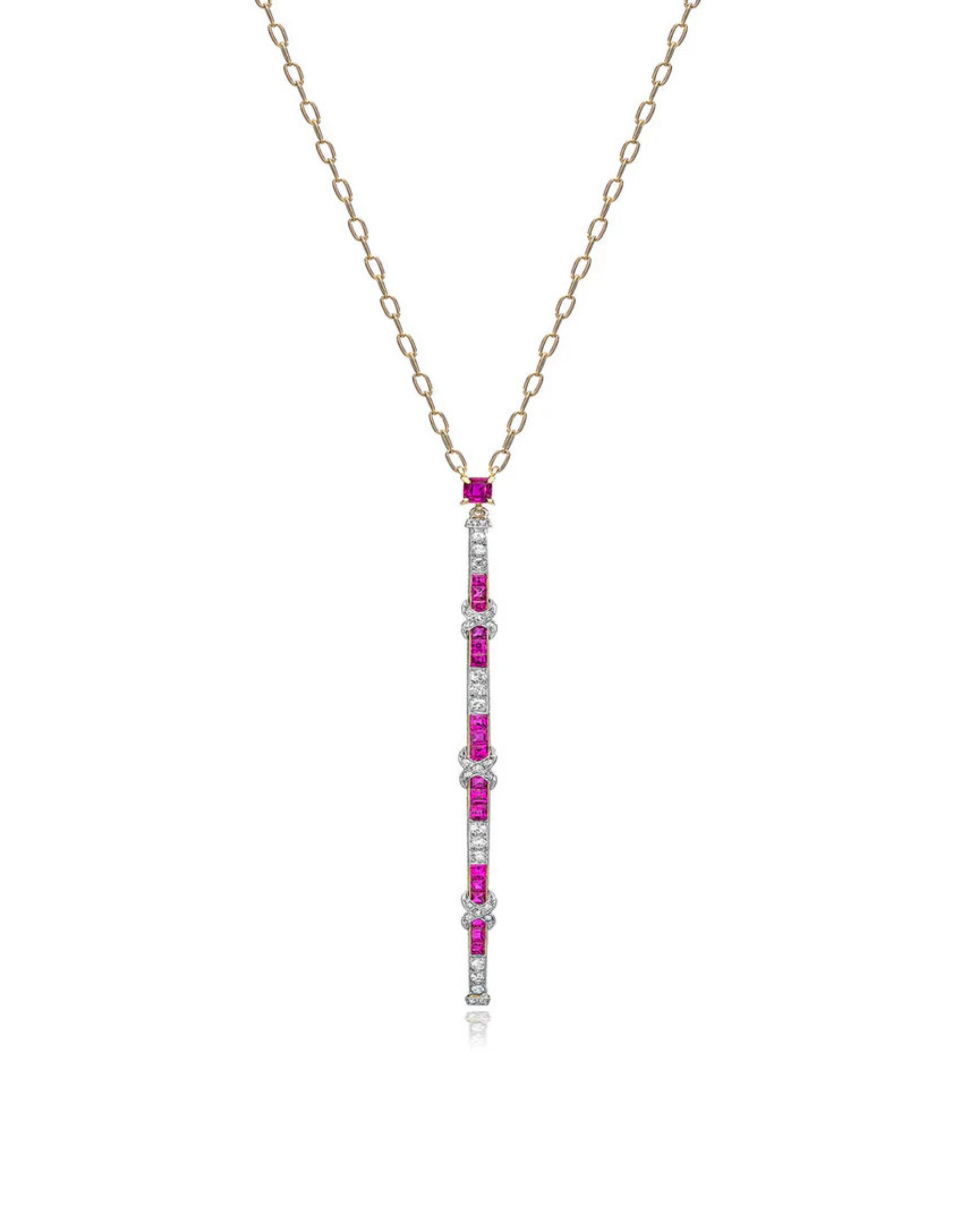 Ruby & Diamond Criss Cross Bar Pendant Necklace