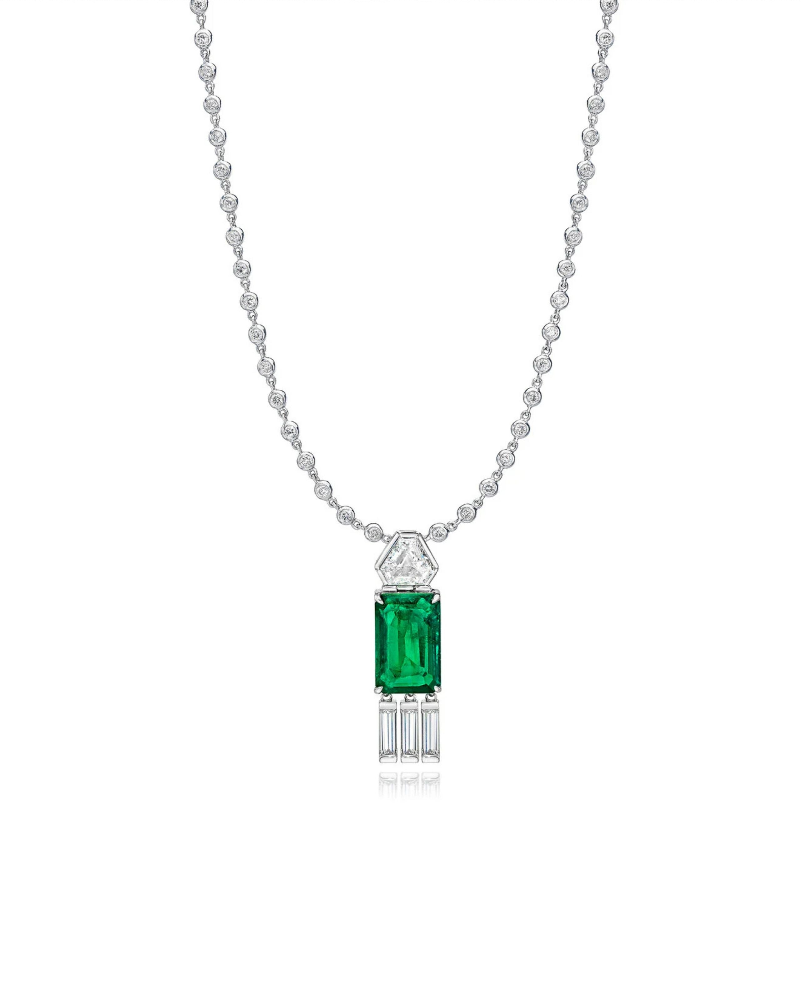 Step Cut Emerald & Diamond Dripping Pendant