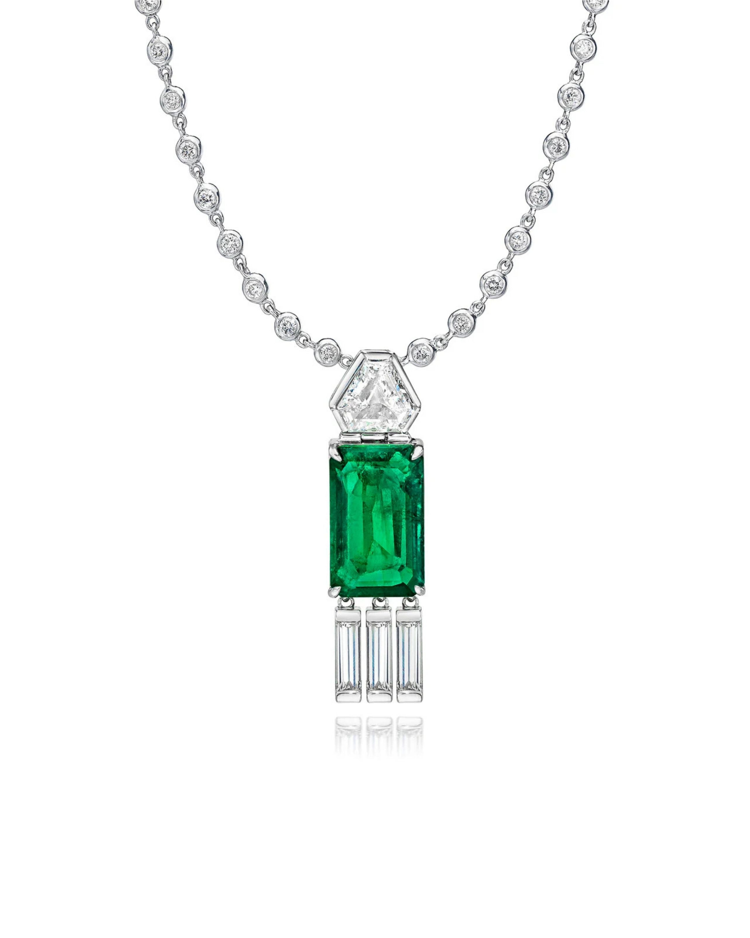 Step Cut Emerald & Diamond Dripping Pendant