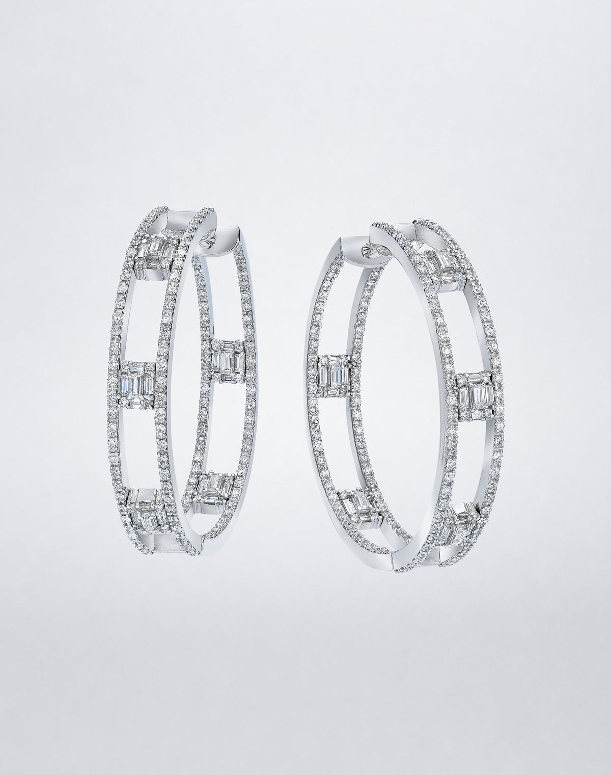 Mindi Mond New York Clarity³ All Diamond Hoops in 18K white gold, pair of open-frame hoop earrings with two pavé diamond rails joined by nine-stone diamond cubes, front view
