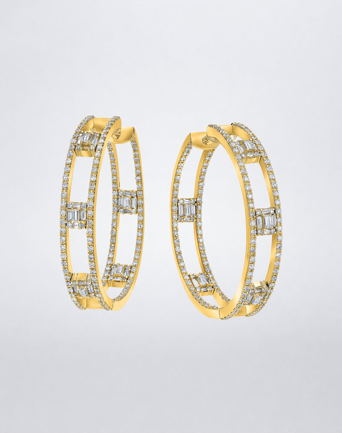 Mindi Mond New York Clarity³ All Diamond Hoops in 18K yellow gold, pair of open-frame hoop earrings with two pavé diamond rails joined by nine-stone diamond cubes, front view