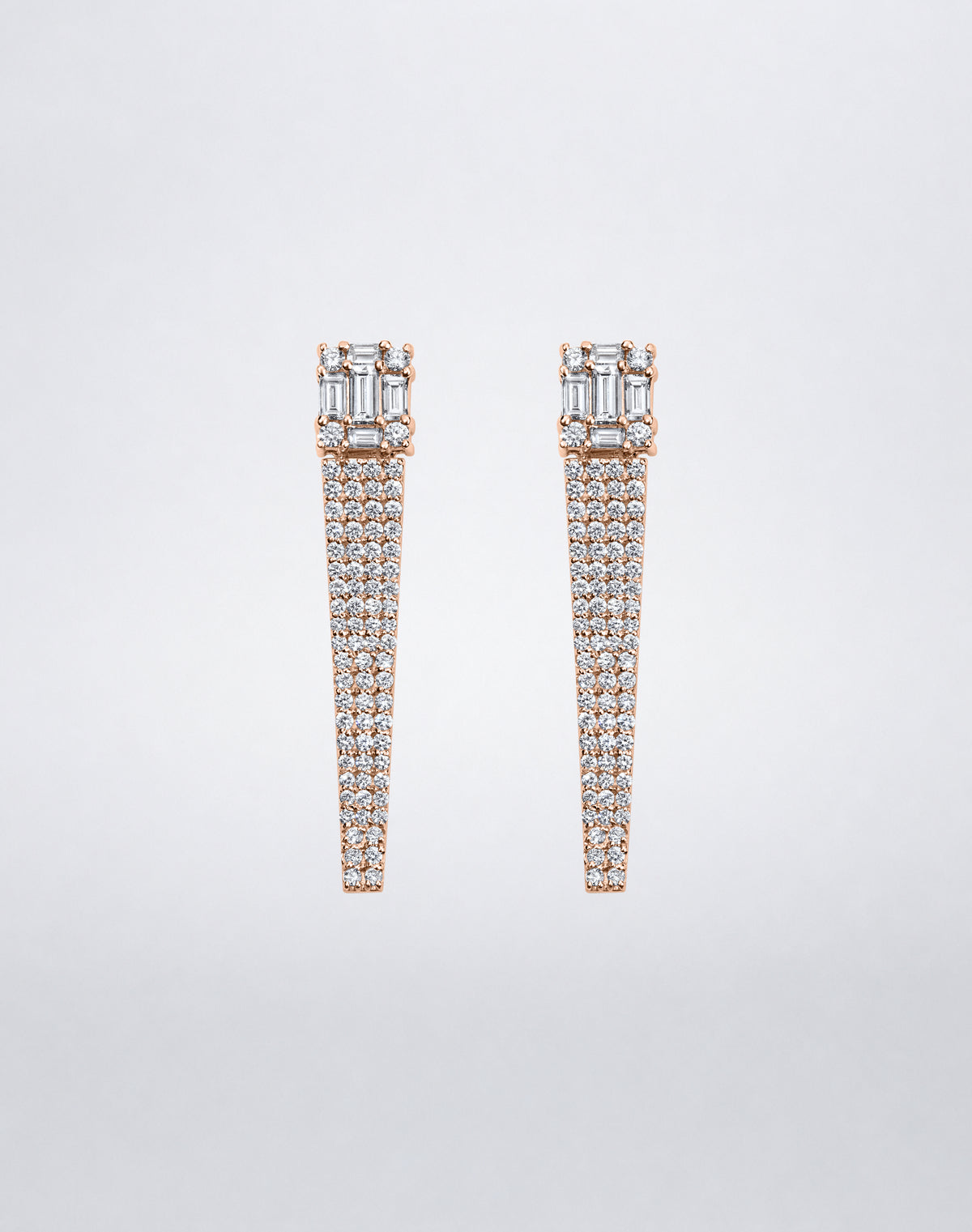 Clarity³ diamond cube stud earrings with tapered pavé diamond drops in 18K rose gold by Mindi Mond New York