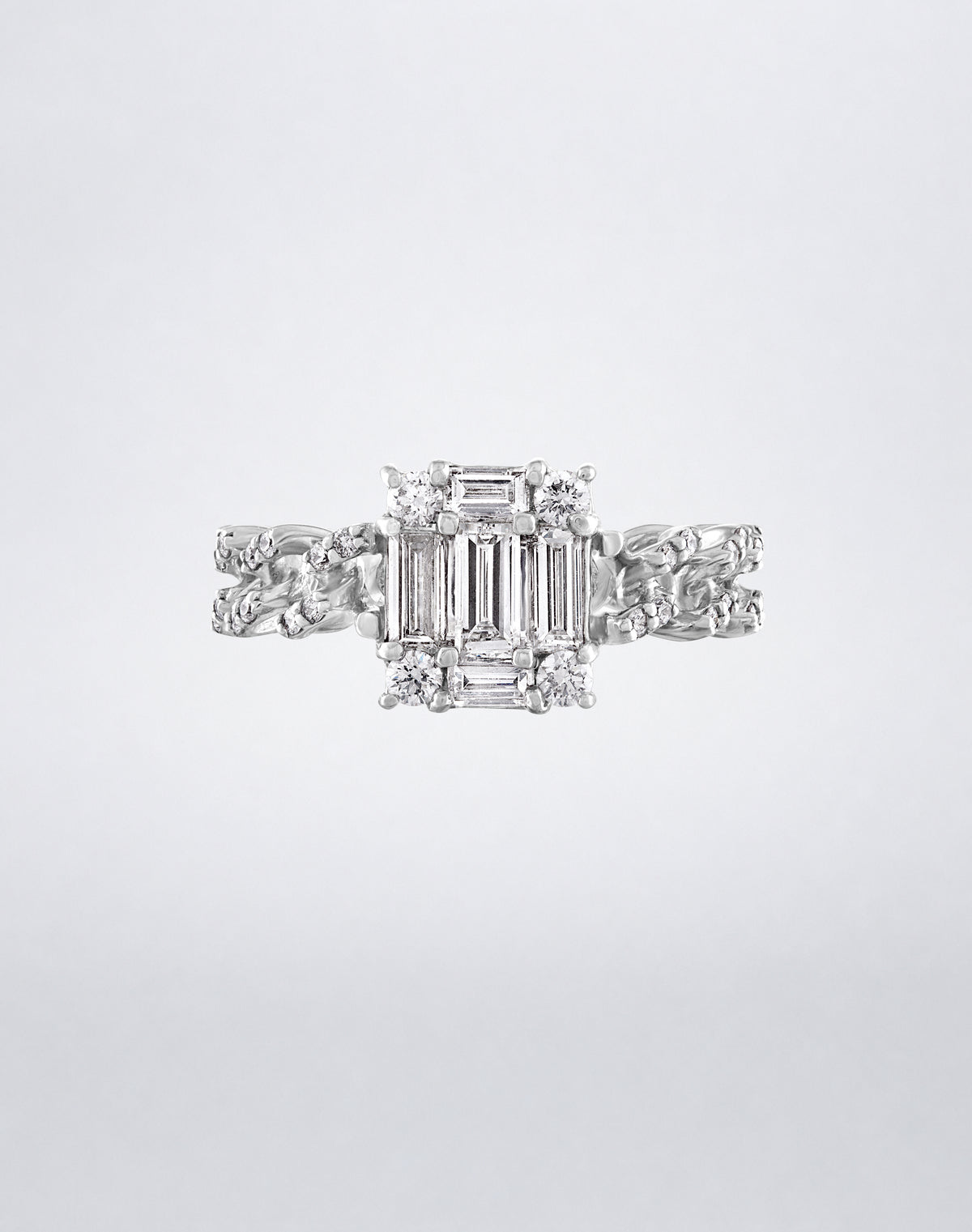CLARITY³ All Diamond Link Ring in 18K white gold, featuring a diamond-set curb-link band and a baguette diamond cluster, by Mindi Mond New York