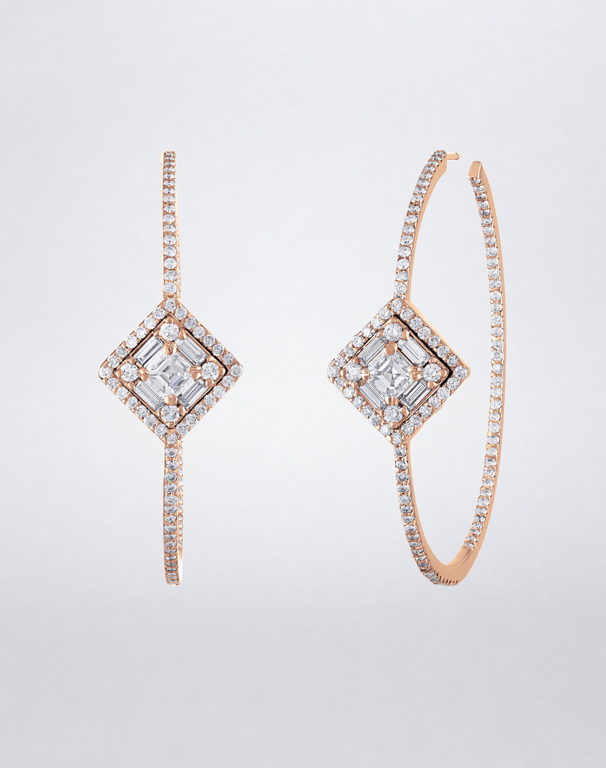 Mindi Mond New York Clarity³ Asscher Cut Diamond Hoops in 18K rose gold, side view showing the pavé hoop profile and the halo-framed Asscher cut formation